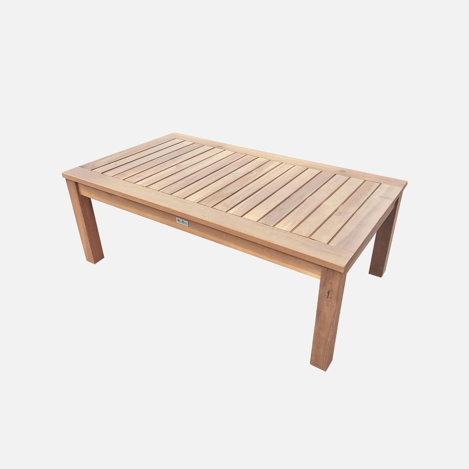 Salon jardin bois 4 places canapé fauteuils table basse acacia coussins vert de gris