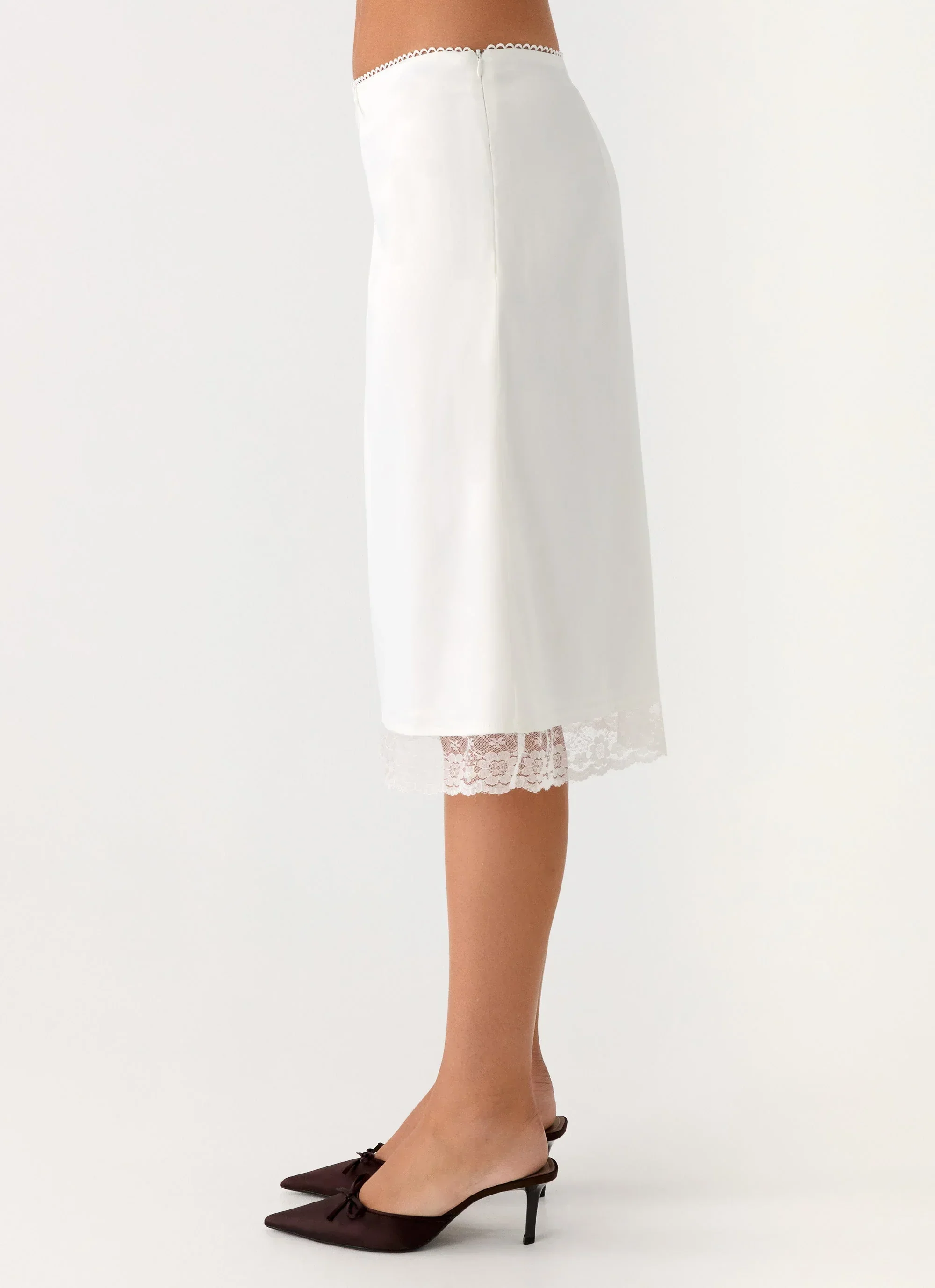 Rina Low Rise Satin Midi Skirt - White