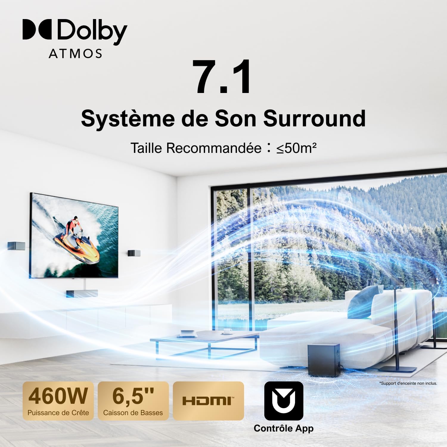Barre de son TV 7.1 Dolby Atmos 460 W caisson basse sans fil enceintes surround