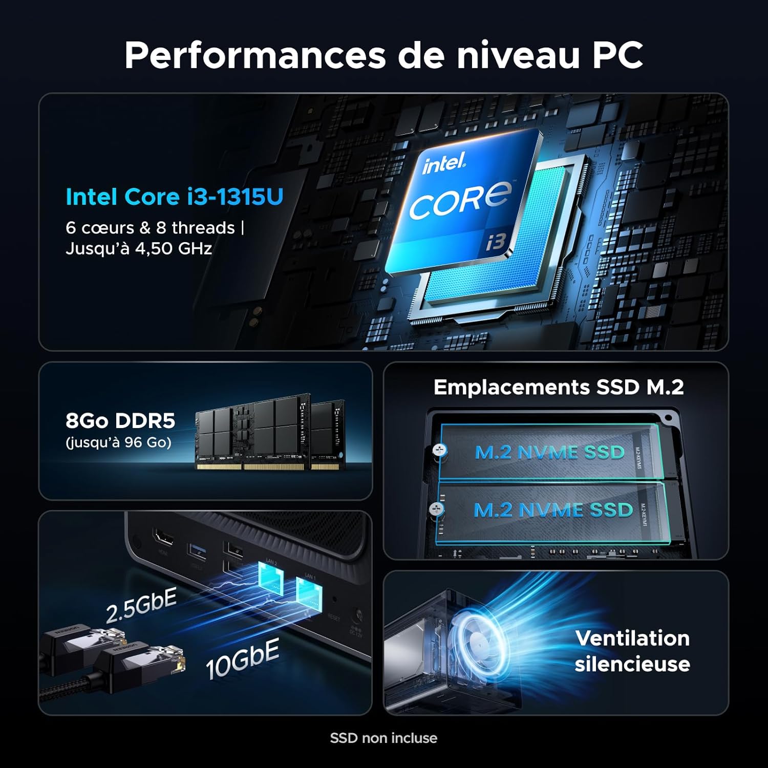 NAS bureau 4 baies DXP4800 Pro Intel i3 1315U 8 Go DDR5 10 GbE 25 GbE M.2 NVMe HDMI 4K SSD 128 Go