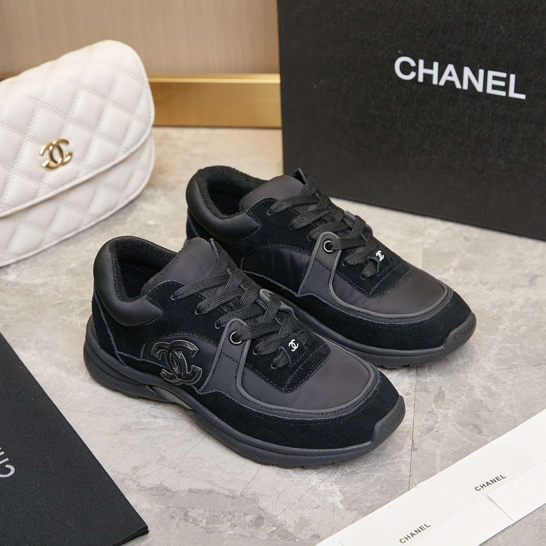 Chanel CC Logo Suede Leather Sneaker Black White Shoe