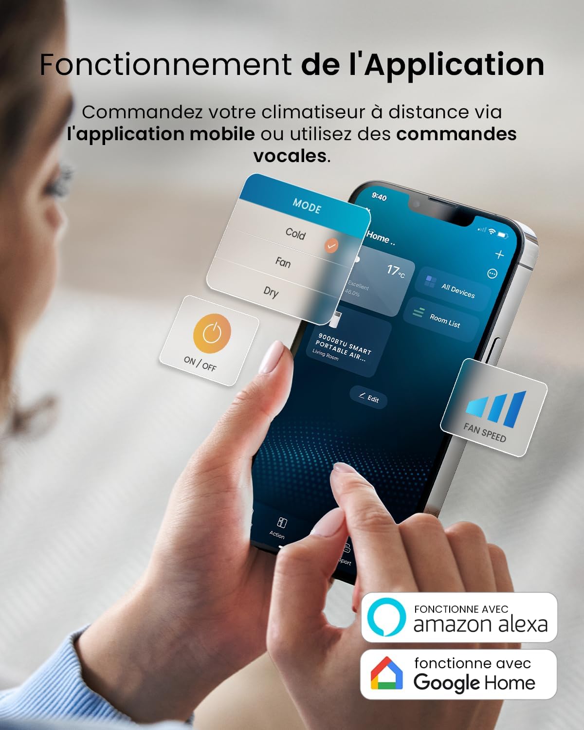Climatiseur mobile 9000 BTU 4 en 1 WiFi minuterie 24 h télécommande kit fenêtre 22 m² classe A