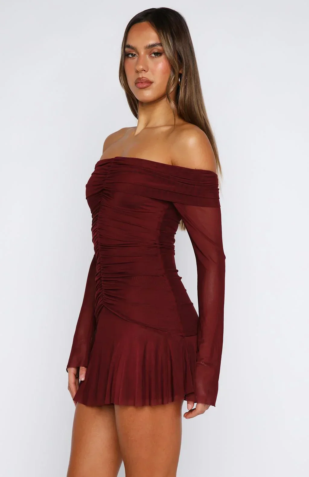 Dreaming Of Yesterday Long Sleeve Mini Dress Burgundy