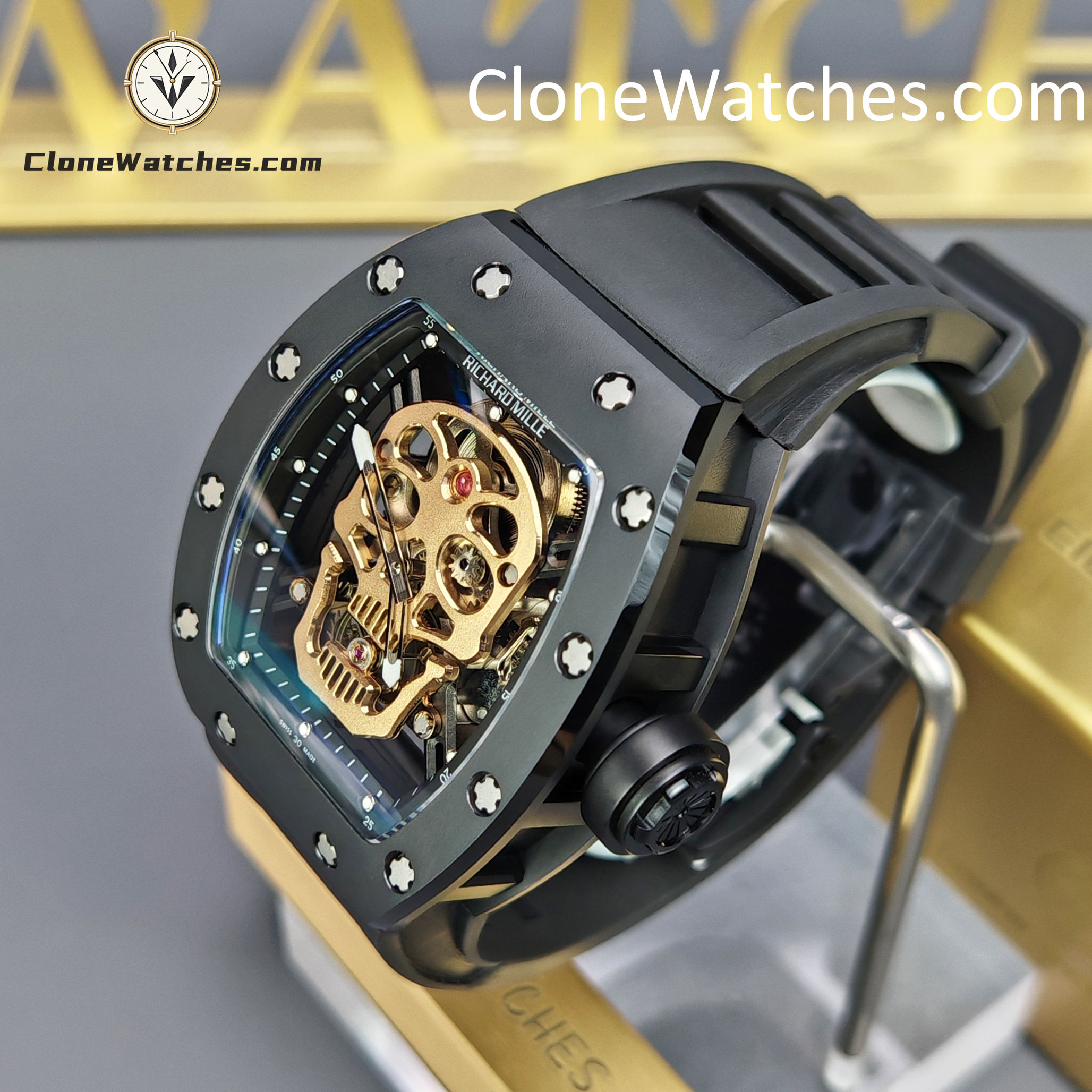 Richard Mille Super Clone Watches 1:1 RM 052 Tourbillon Skull Rose Gold Black Strap