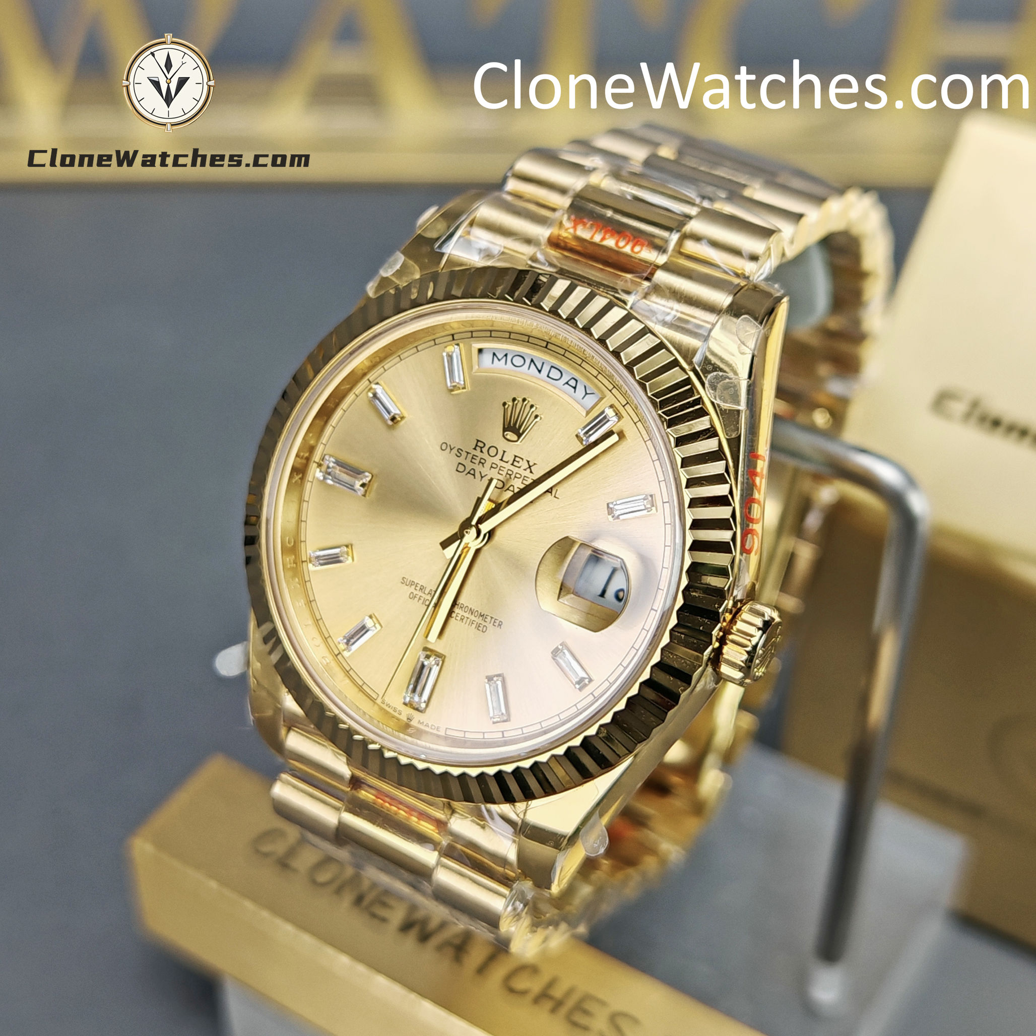 Rolex Super Clone Watches 1:1 Day Date 18K Gold Diamond Dial 40mm m228238-0005 3255 Movement
