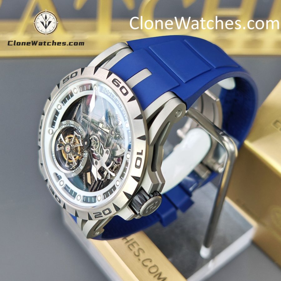 Roger Dubuis Super Clone Watches 1:1 Excalibur Skeleton Tourbillon RDDBEX0479 45MM Blue Strap