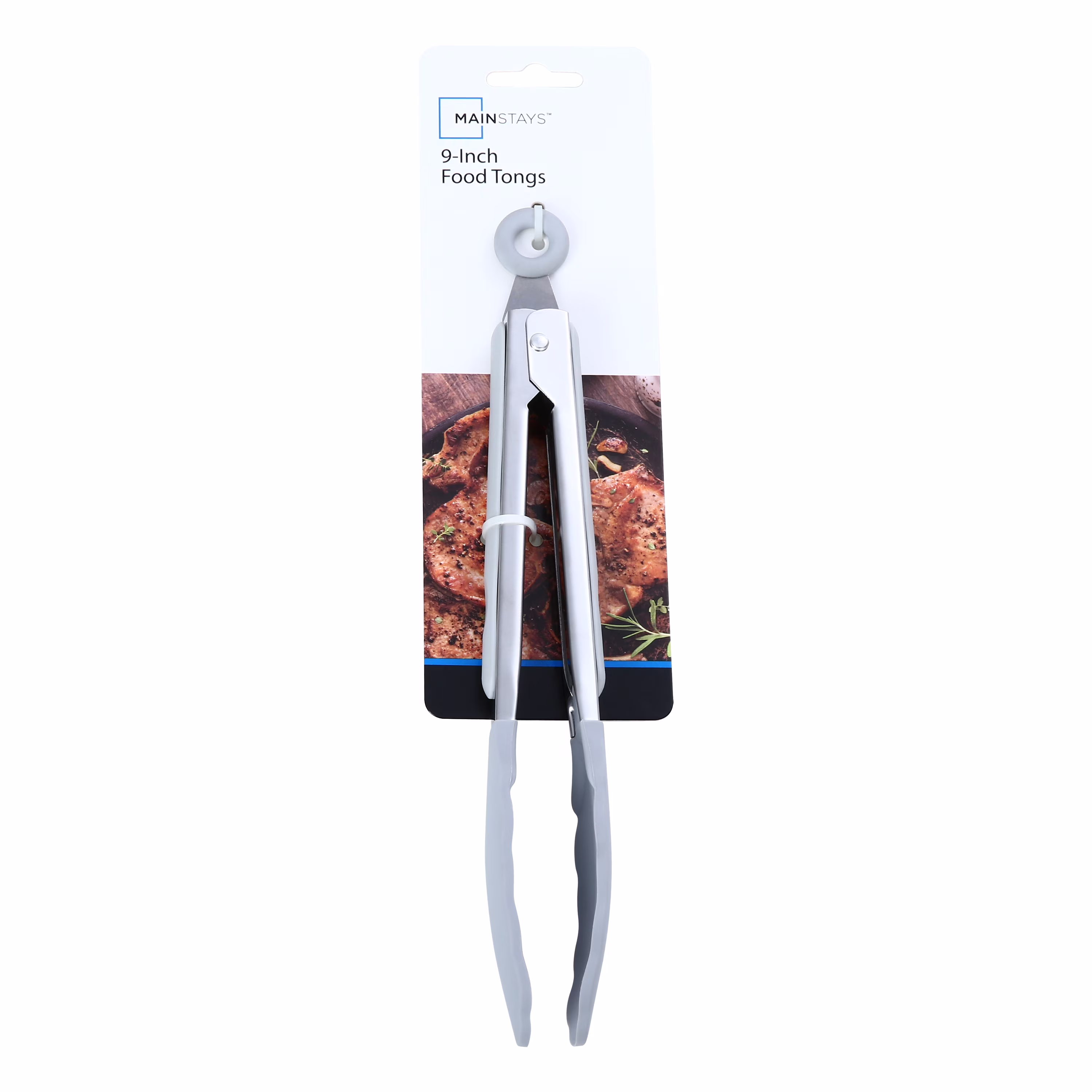 Mainstays 9 Inch Stainless Steel Silicone Locking Food Tongs with Soft Grip Handle, Grey Flannel