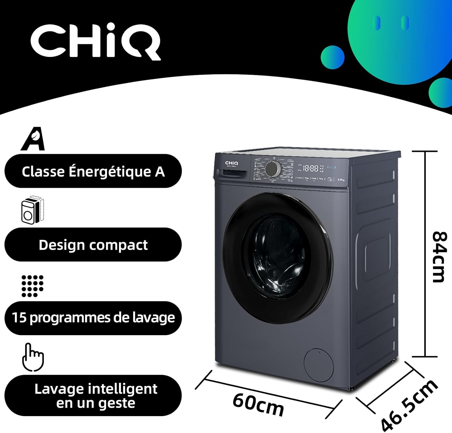 Lave linge hublot 7 kg classe A moteur 1200 rpm lavage vapeur rapide 15 programmes gris