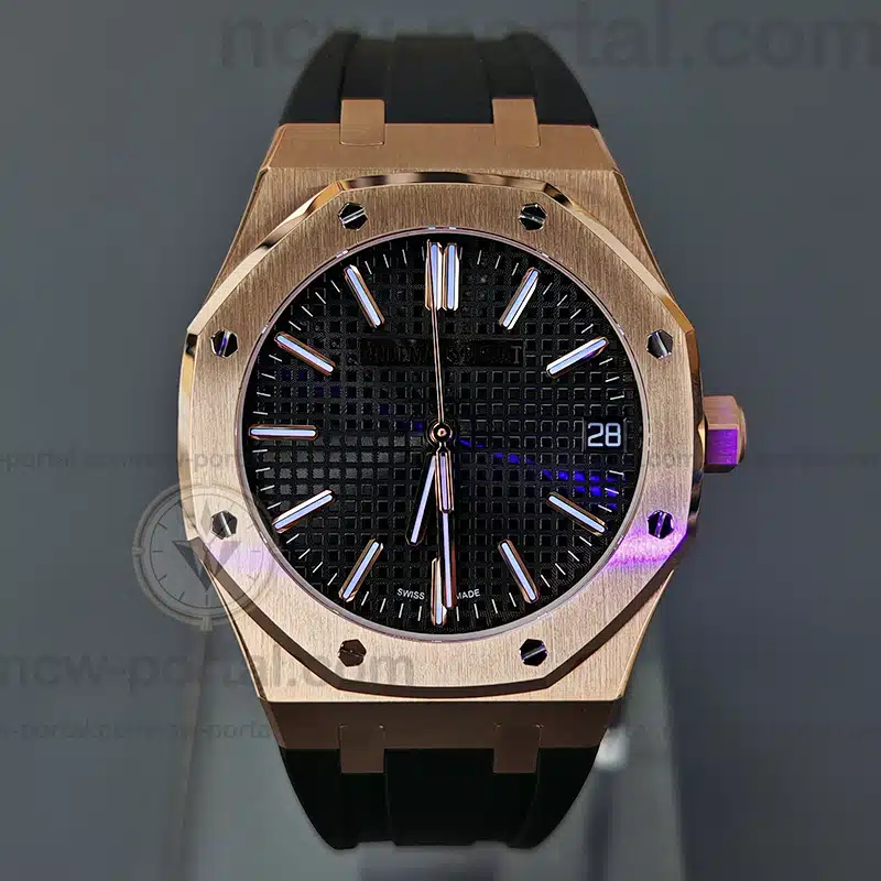 Audemars Piguet Super Clone Watches 1:1 Royal Oak 15510 Rose Gold Black Dial & Black Rubber Strap 41MM