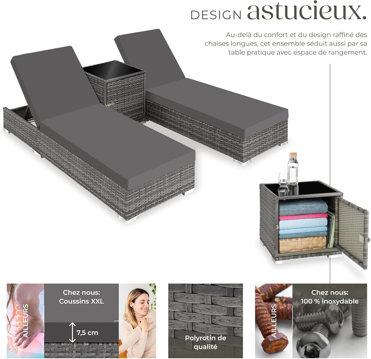 Set 2 chaises longues bain de soleil dossier réglable table aluminium résine tressée housses protection gris