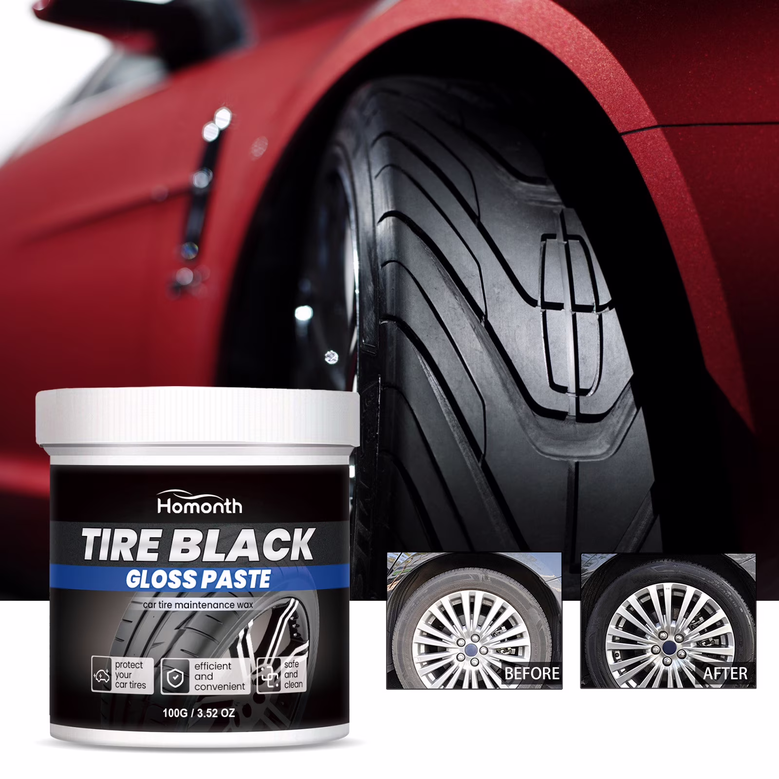 Inerposs Tire Black Gloss Paste - Car and Motorcycle Tire Polish and Protectant for Cleaning, Shine, and Maintenance.