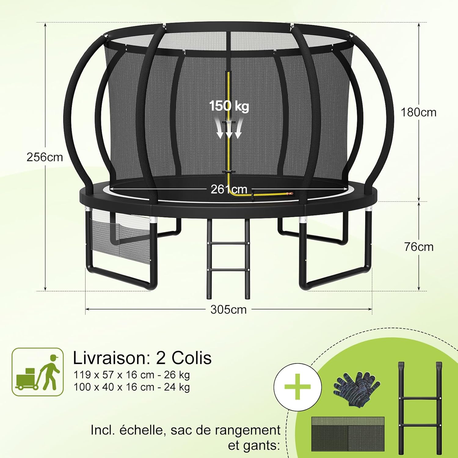 Trampoline extérieur 228 305 366 427 cm filet sécurité charge 150 kg