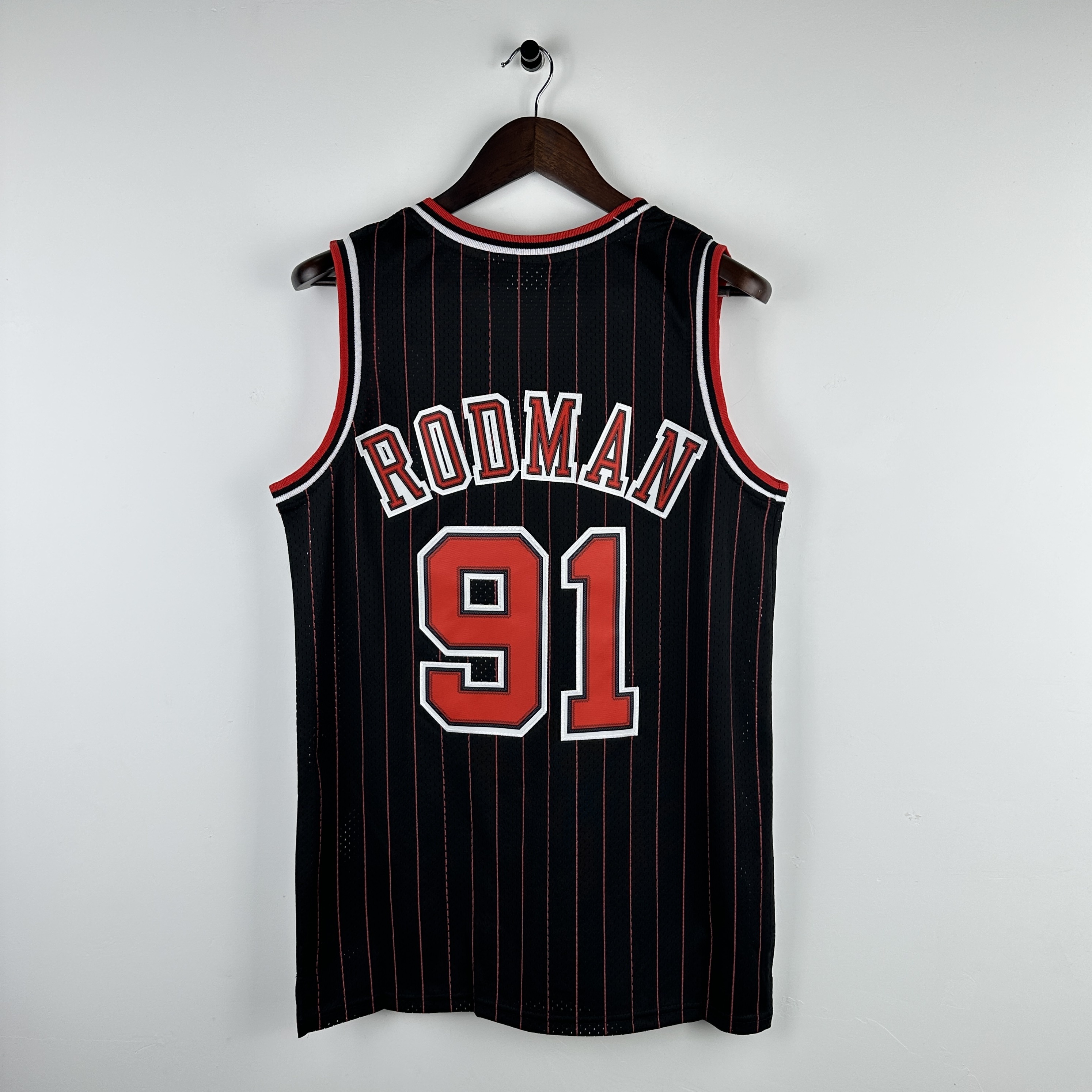 Embroidered MN retro jersey, Bulls 97/98 season, striped black, No. 91, Rodman