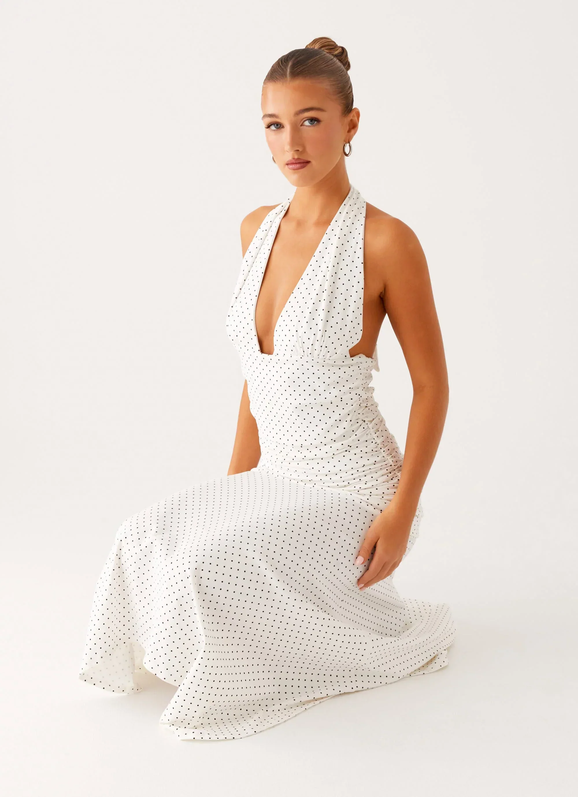 Grettana Halter Neck Midi Dress - White Polka Dot