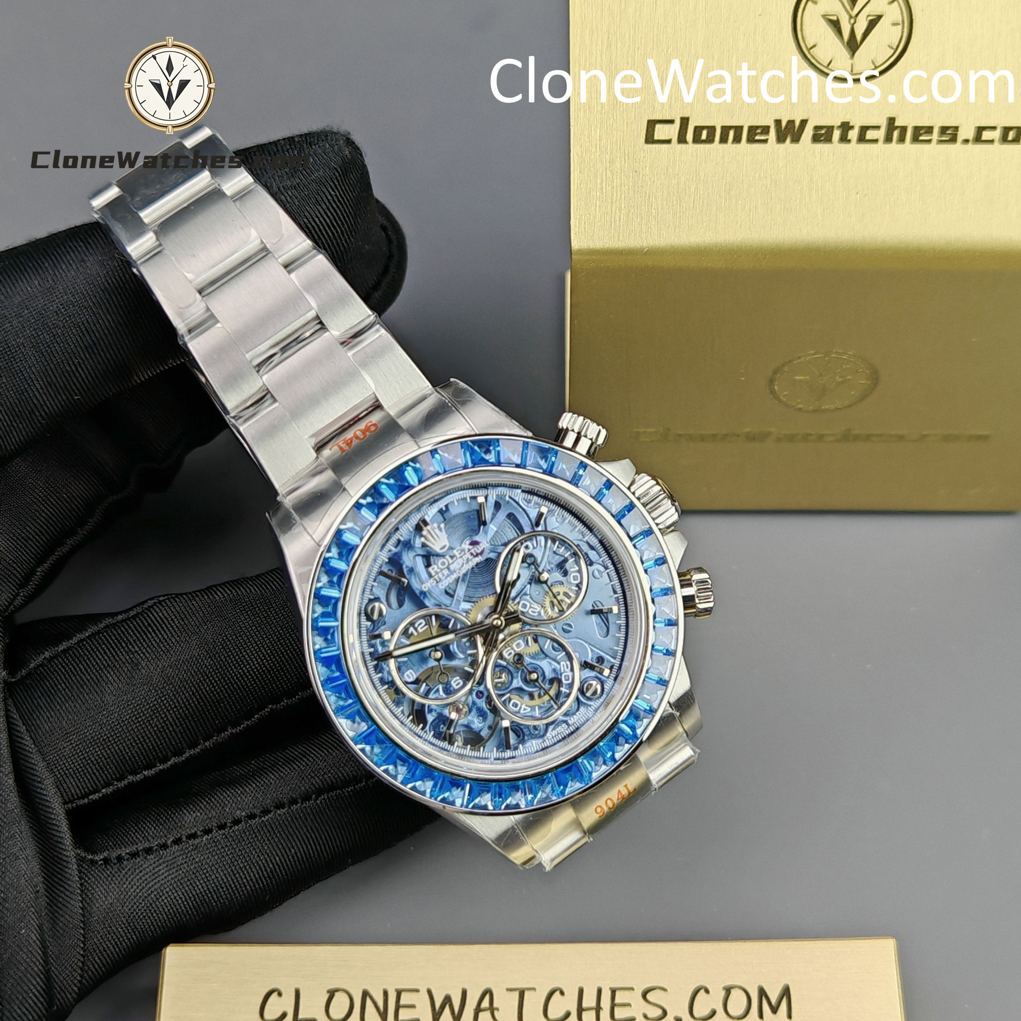 Rolex Super Clone Watches 1:1 Daytona Arolla Blue Crystal Skeleton Dial Diamonds Bezel 4130 Movement