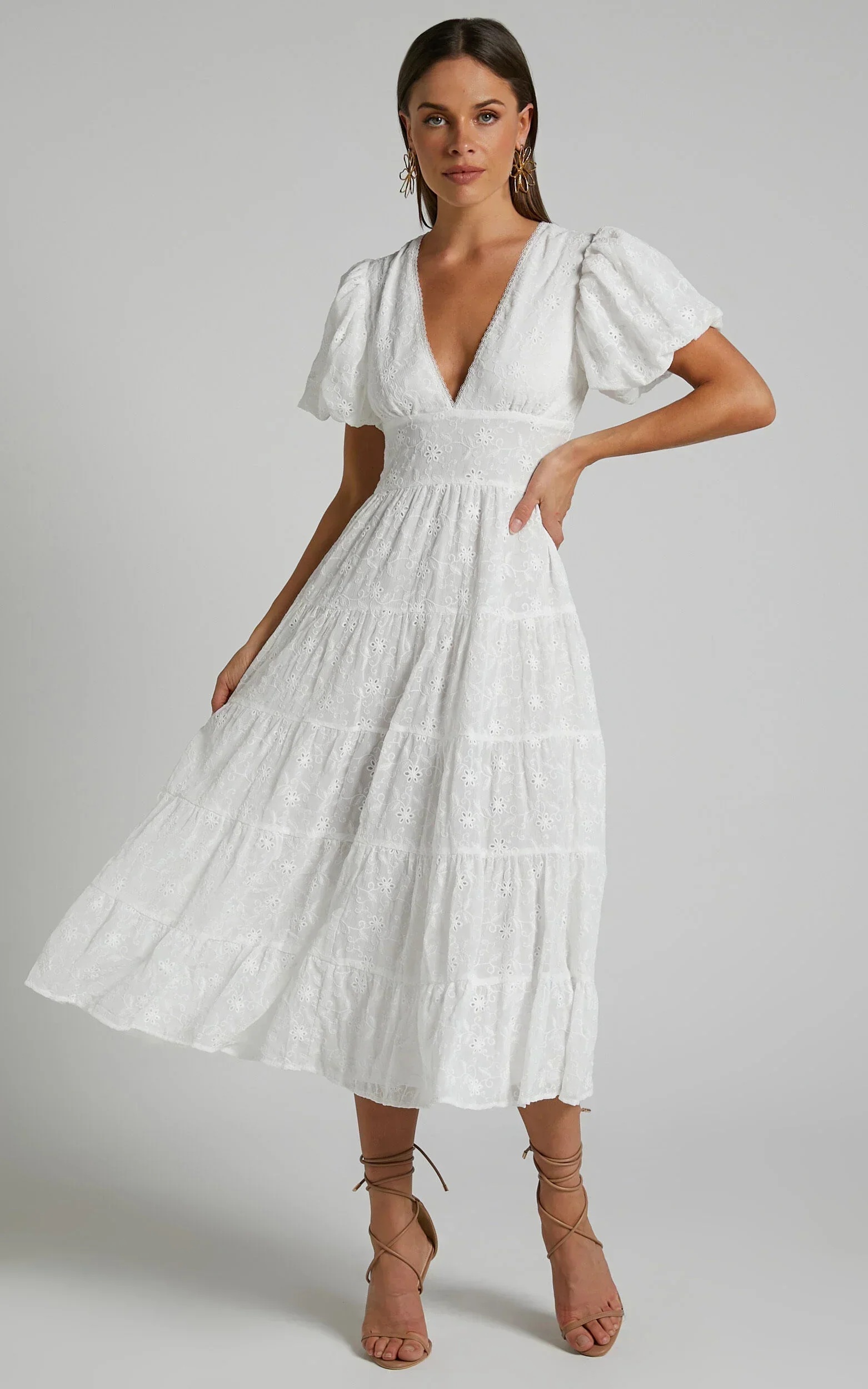 Divora Midi Dress - Plunge Balloon Sleeve Tiered Dress in Ivory