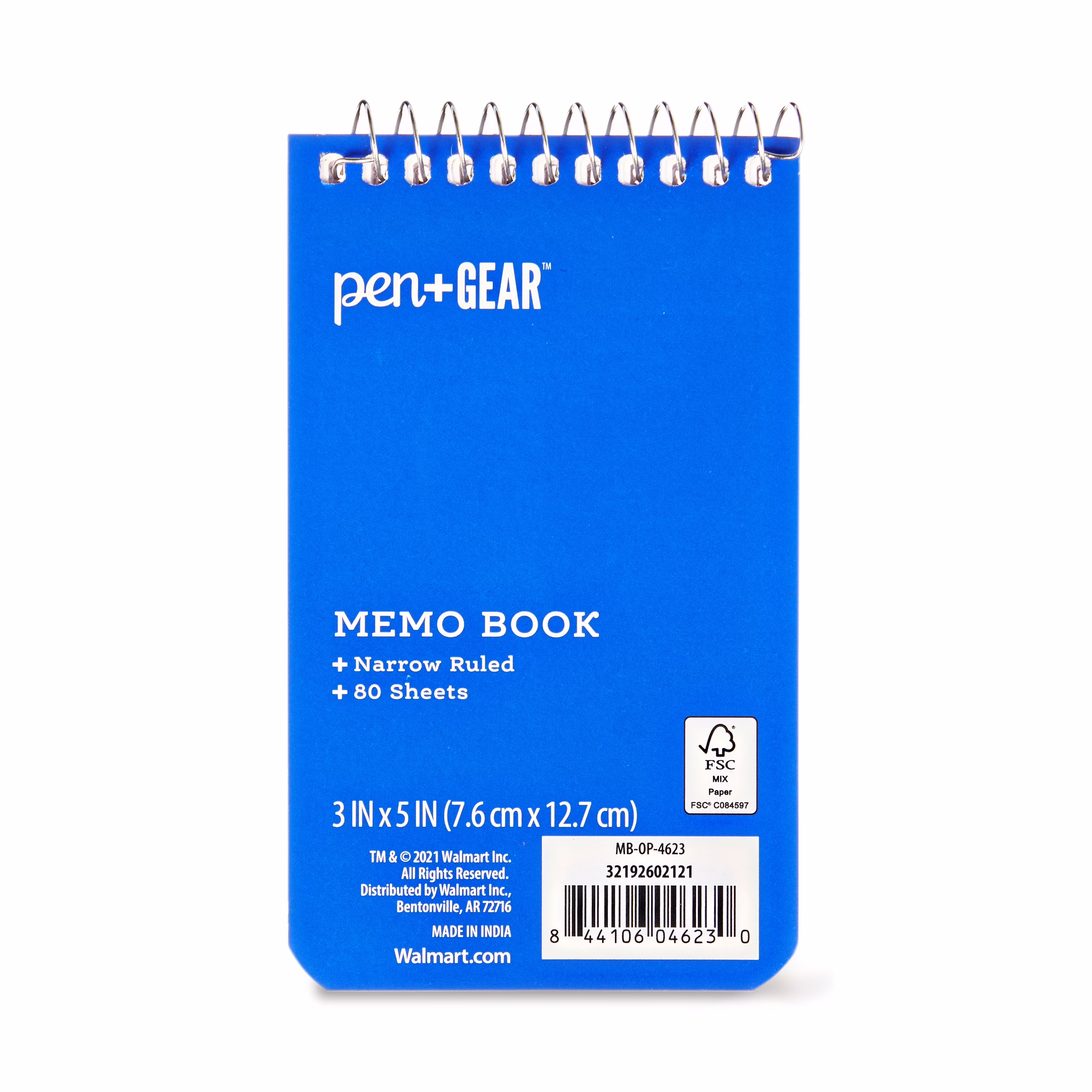 Pen+Gear Wirebound Memo Book, 3 in x 5 in, Narrow Ruled, 80 Sheets, Blue Cover, 1 Count