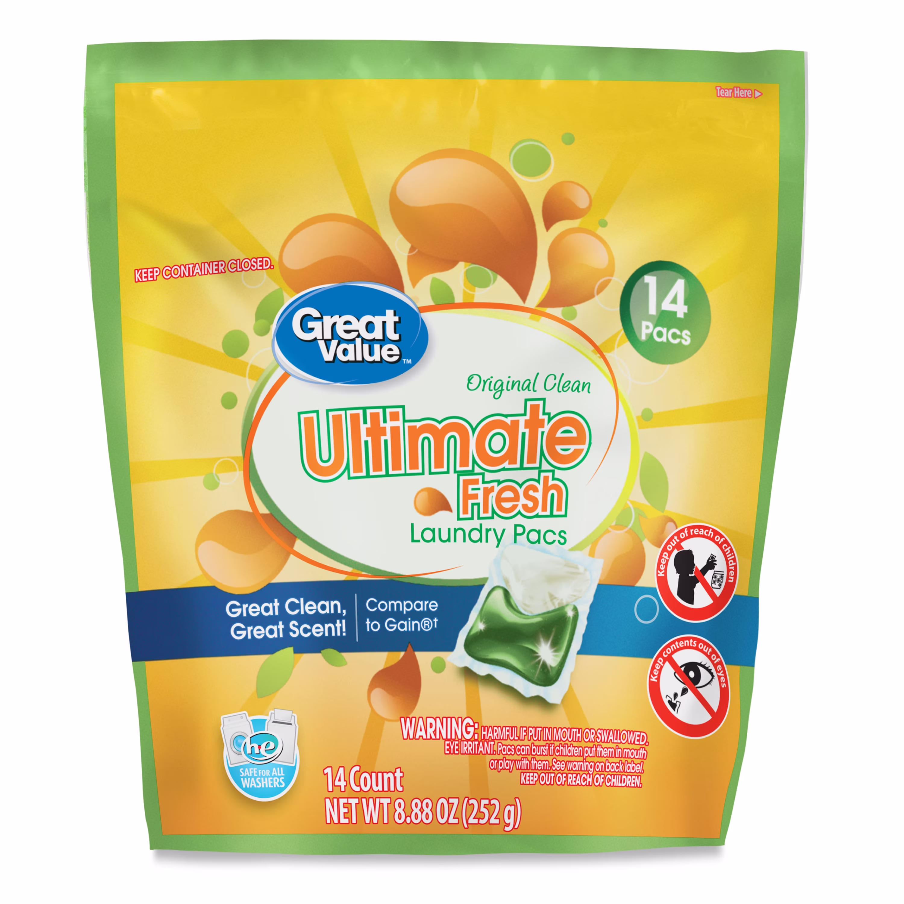 Great Value Ultimate Fresh Laundry Detergent Pacs, Original Clean, 14 Count