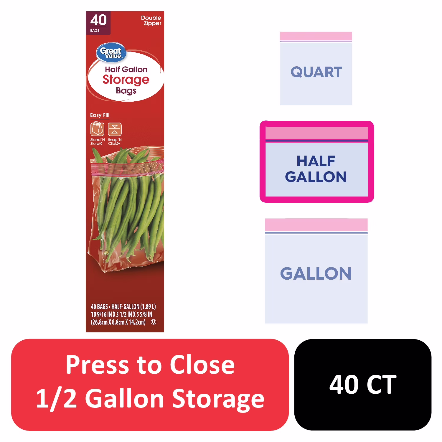 (9 pack) Great Value Double Zipper Half Gallon Storage Bags 40 Count