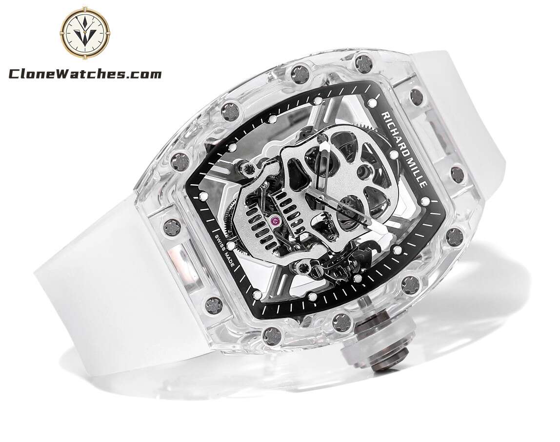 Richard Mille Super Clone Watches 1:1 RM 052 Full Transparent Tourbillon Skull White Strap