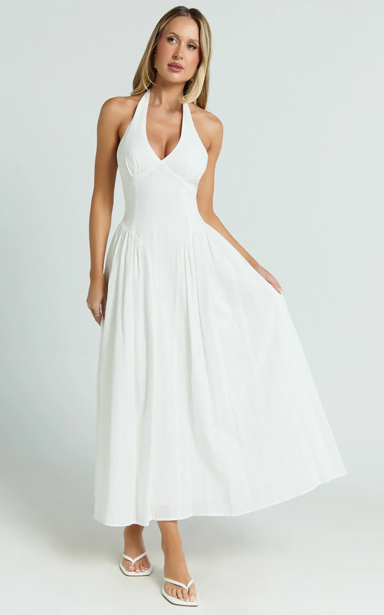 Athena Midi Dress - Halter Drop Waist Dress in White