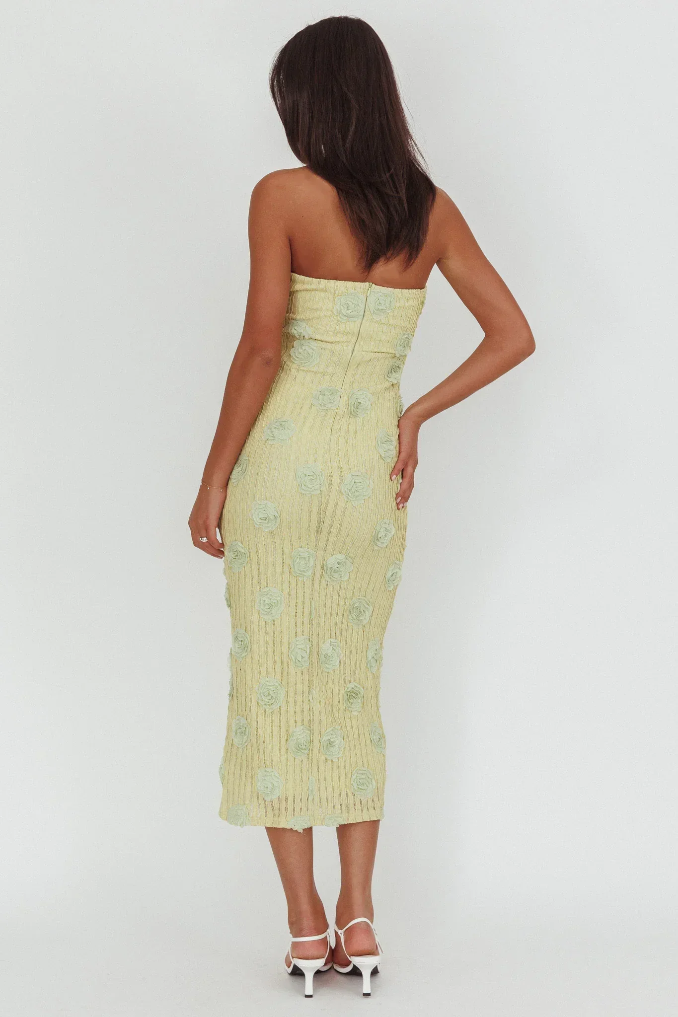 Horizon Strapless Textured Floral Midi Dress Green