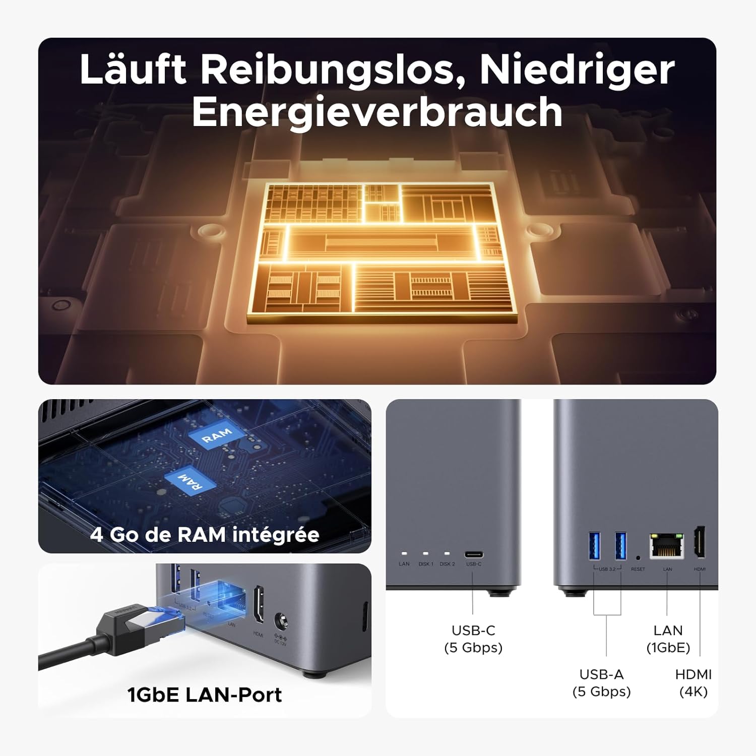 NAS bureau 2 baies DH2300 4 Go RAM NFC One Touch LAN 1 GbE album photo IA système débutants