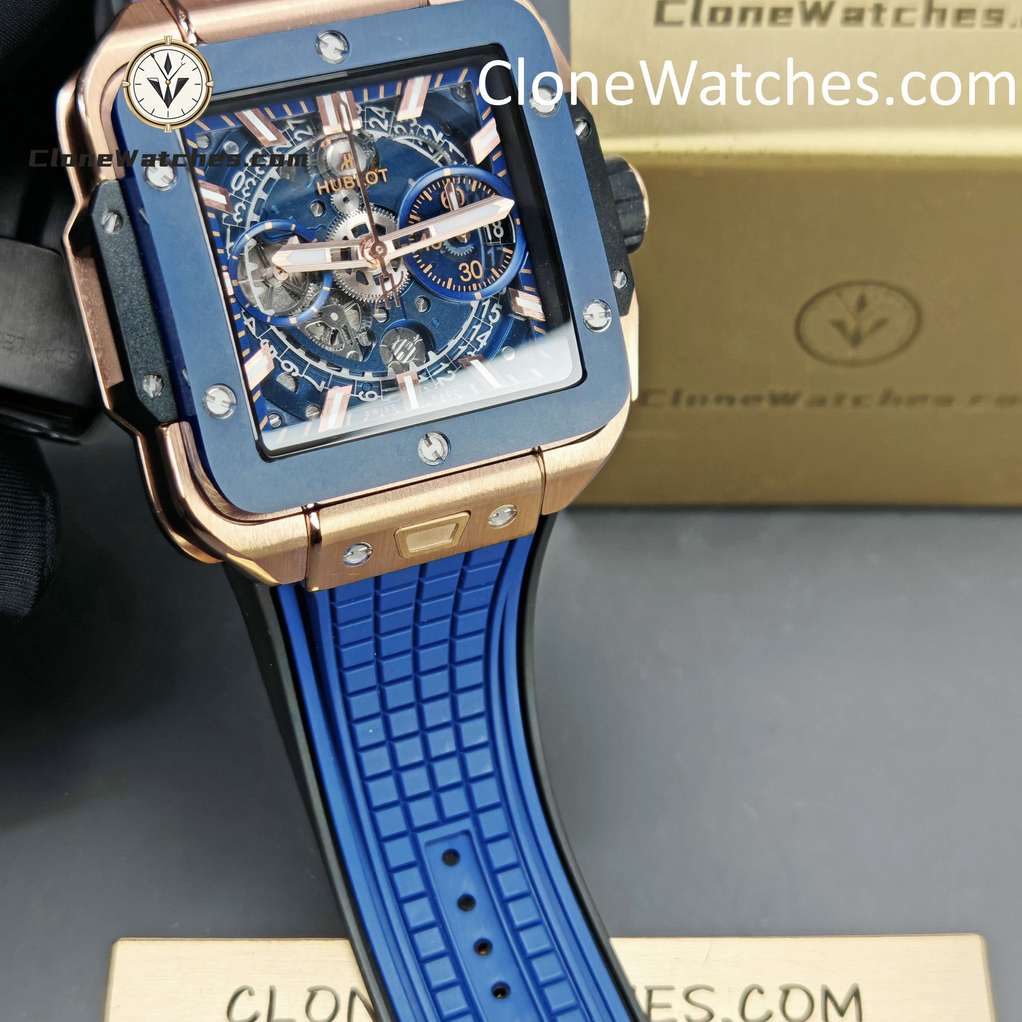 Hublot Super Clone Watches 1:1 Square Bang Unico King Gold Blue Ceramic 42MM 821.OL.5180.RX