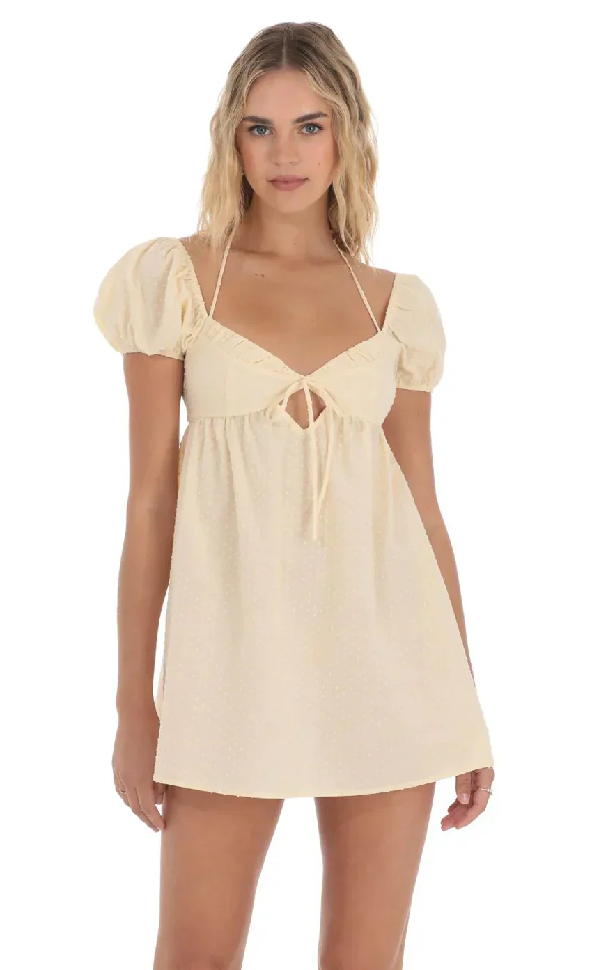 Dotted Puff Sleeve Babydoll Dress in Peach
