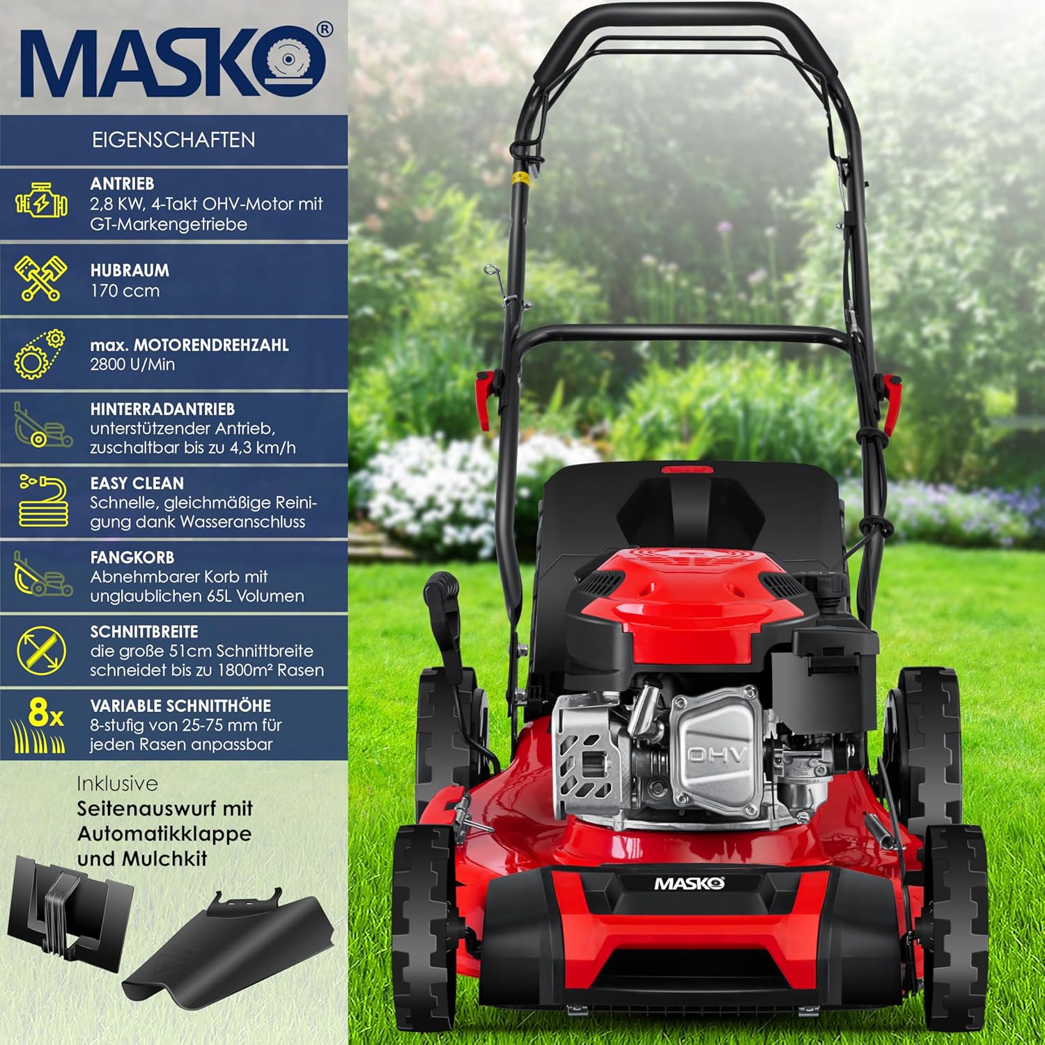 Tondeuse essence 5 en 1 roue motrice largeur coupe 51 cm mulching éjection latérale hauteur réglable