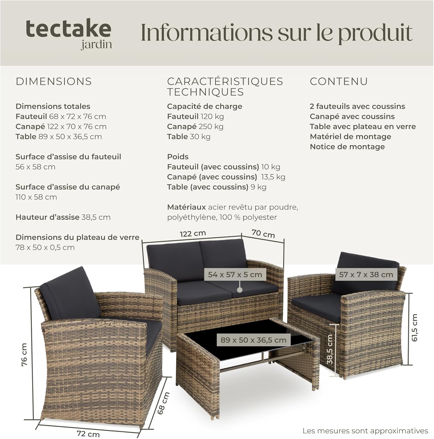 Salon jardin résine tressée 4 places table canapé fauteuils coussins