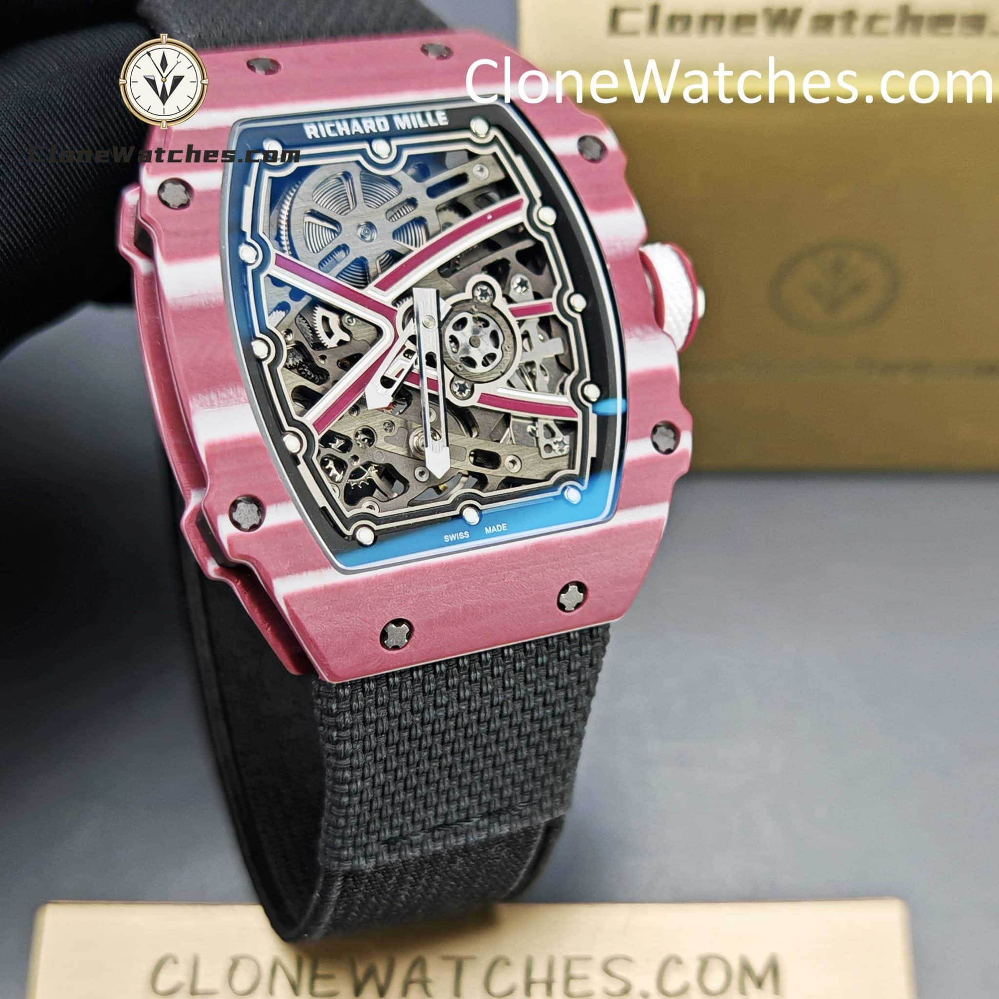 Richard Mille Super Clone Watches 1:1 RM 67 – 02 Red Carbon Tourbillon White Strap