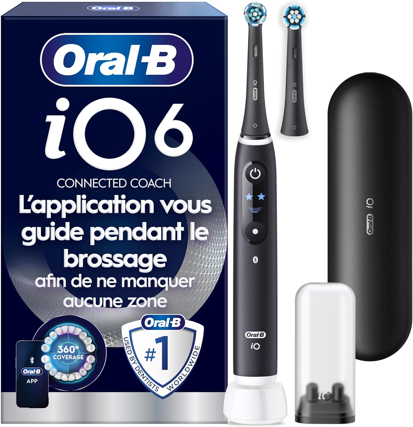 Brosse dents électrique iO 6 noire 5 modes capteur pression écran interactif 2 brossettes étui voyage