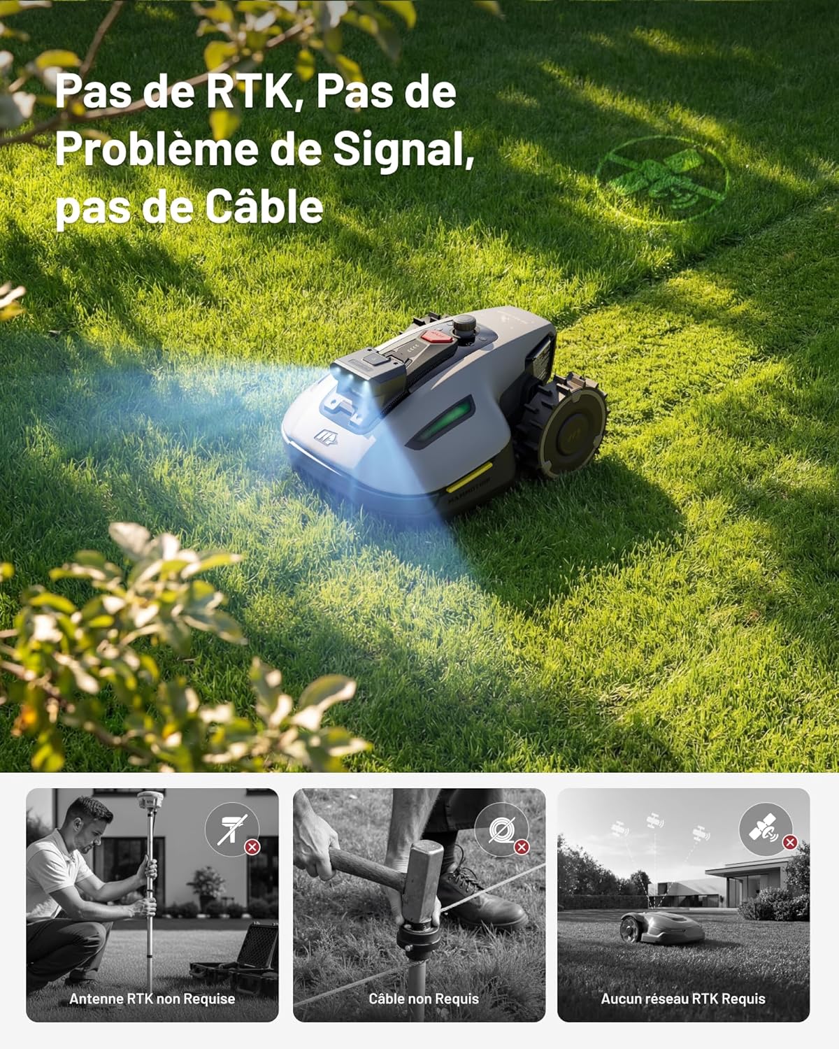 Robot tondeuse YUKA Mini 2 500 m² zéro perte signal IA triple caméra cartographie multi zones