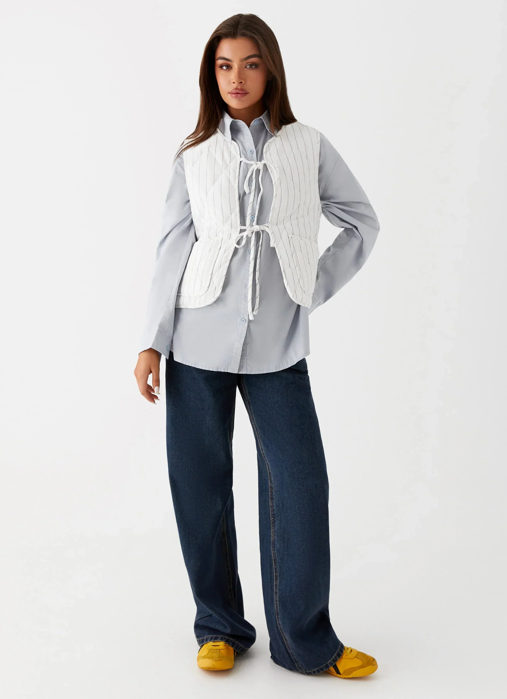 Celini Quilted Vest - White Pinstripe