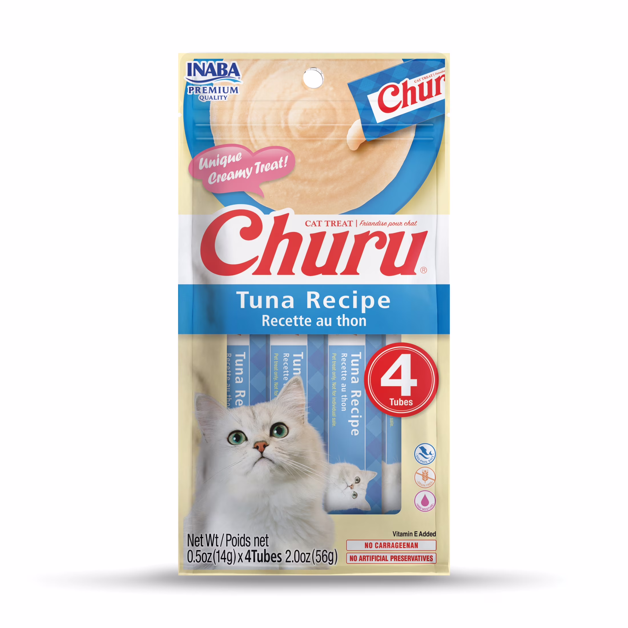 INABA Churu Cat Treats, Creamy Lickable Purée Cat Treat with Vitamin E, 0.5 Ounces Each Tube, 4 Tubes, Tuna Recipe