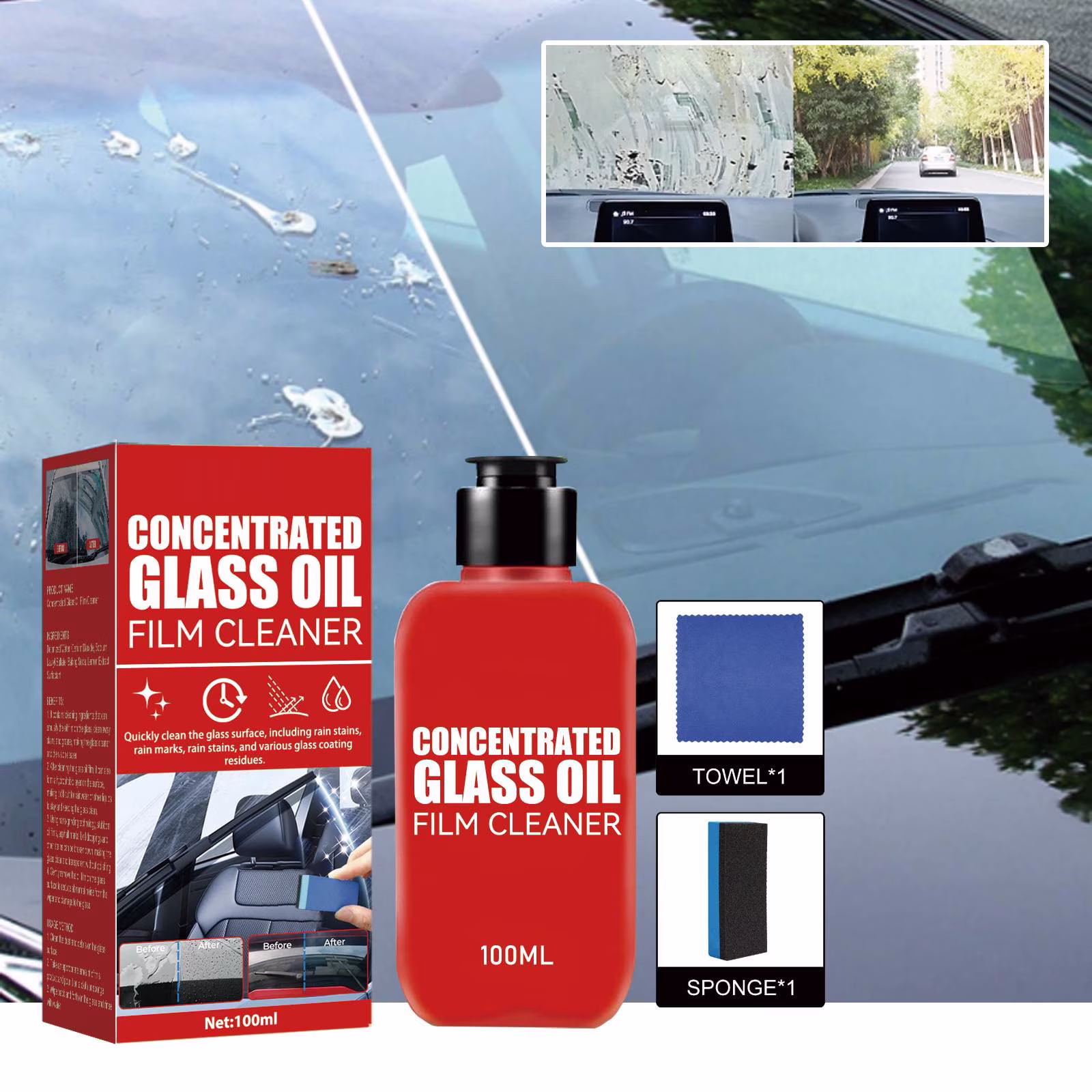 Jpxdew Concentrated Glass Oil Film Cleaner 100ml,Windshield Water Spot Remover Non Damaging,Wiper Noise Solution 4.9×2.1×1.1in