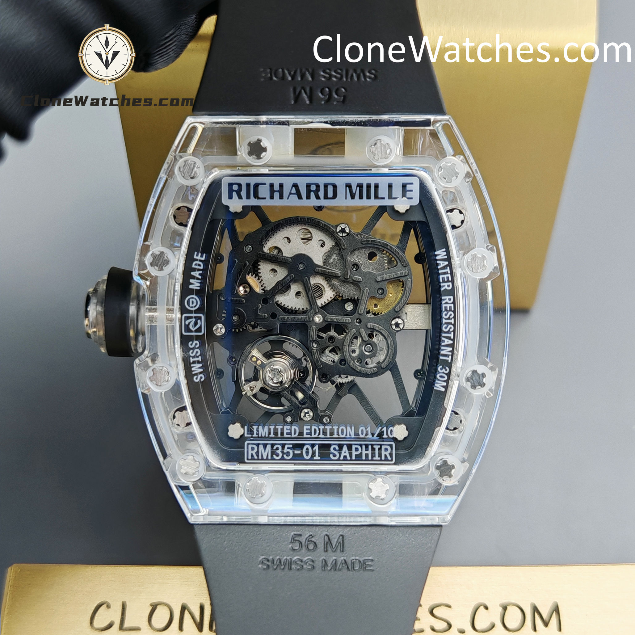 Richard Mille Super Clone Watches 1:1 RM 035 Full Transparent Tourbillon Black Strap