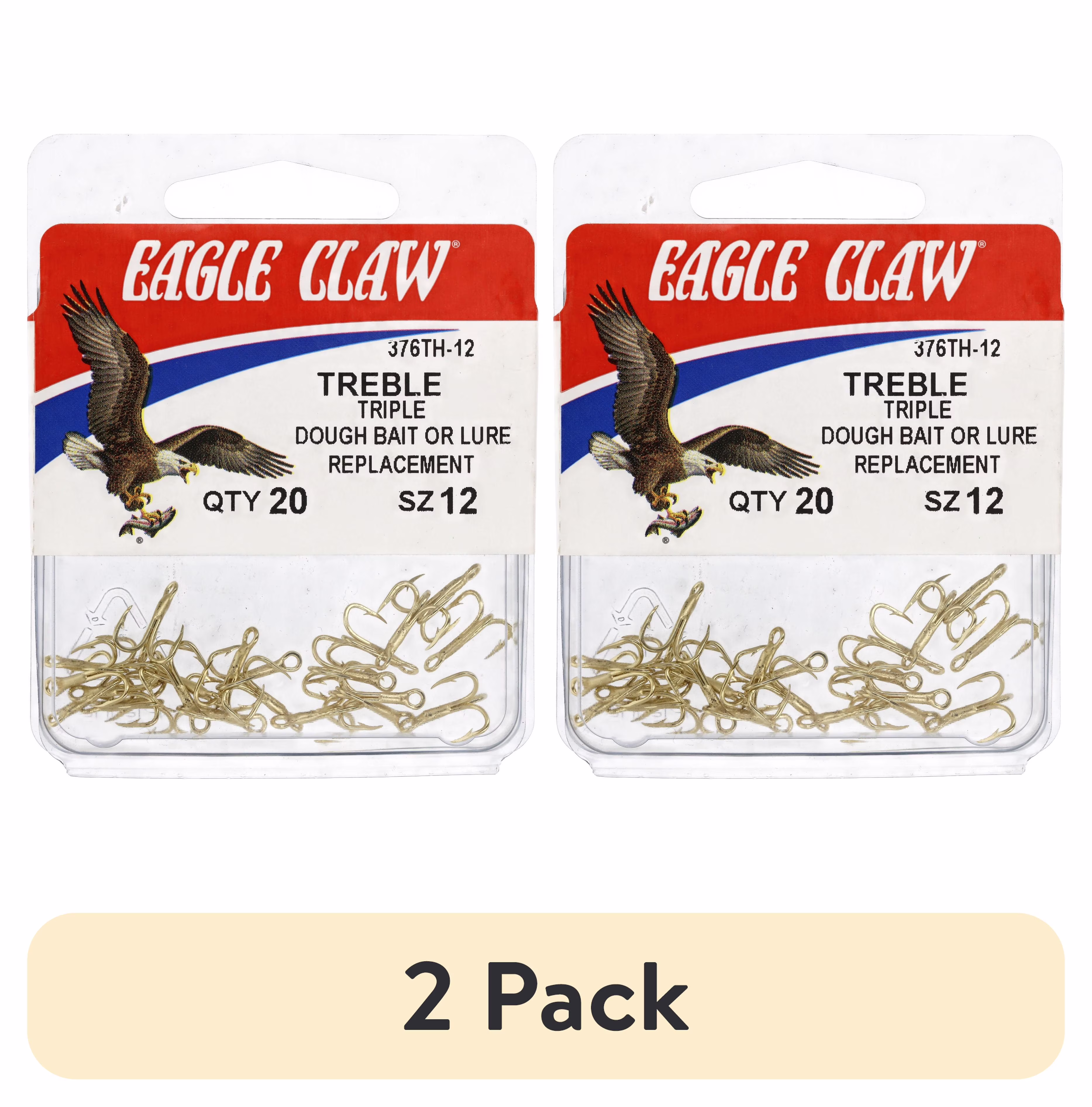(2 pack) Eagle Claw 376A-12 2X Treble Hook, Gold, Size 12, 5 Pack