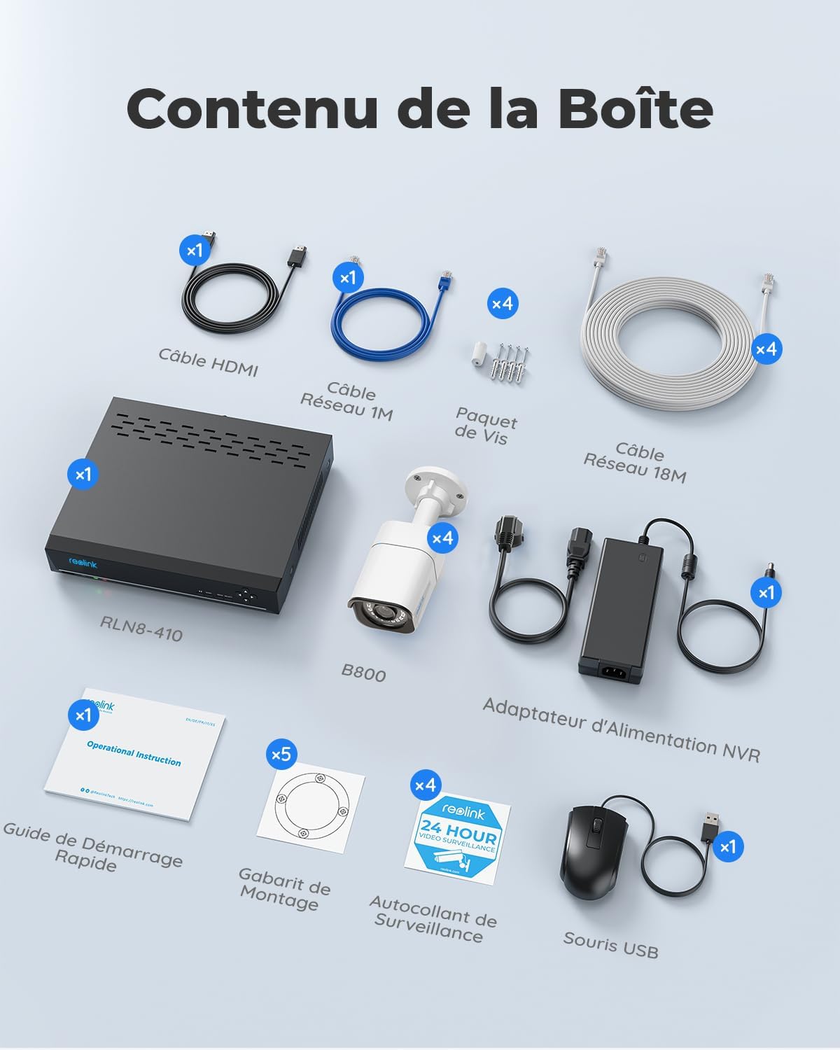 Caméra surveillance extérieure 4K kit NVR 8CH 2To PoE 8MP vision nocturne 30m audio RLK8-800B4