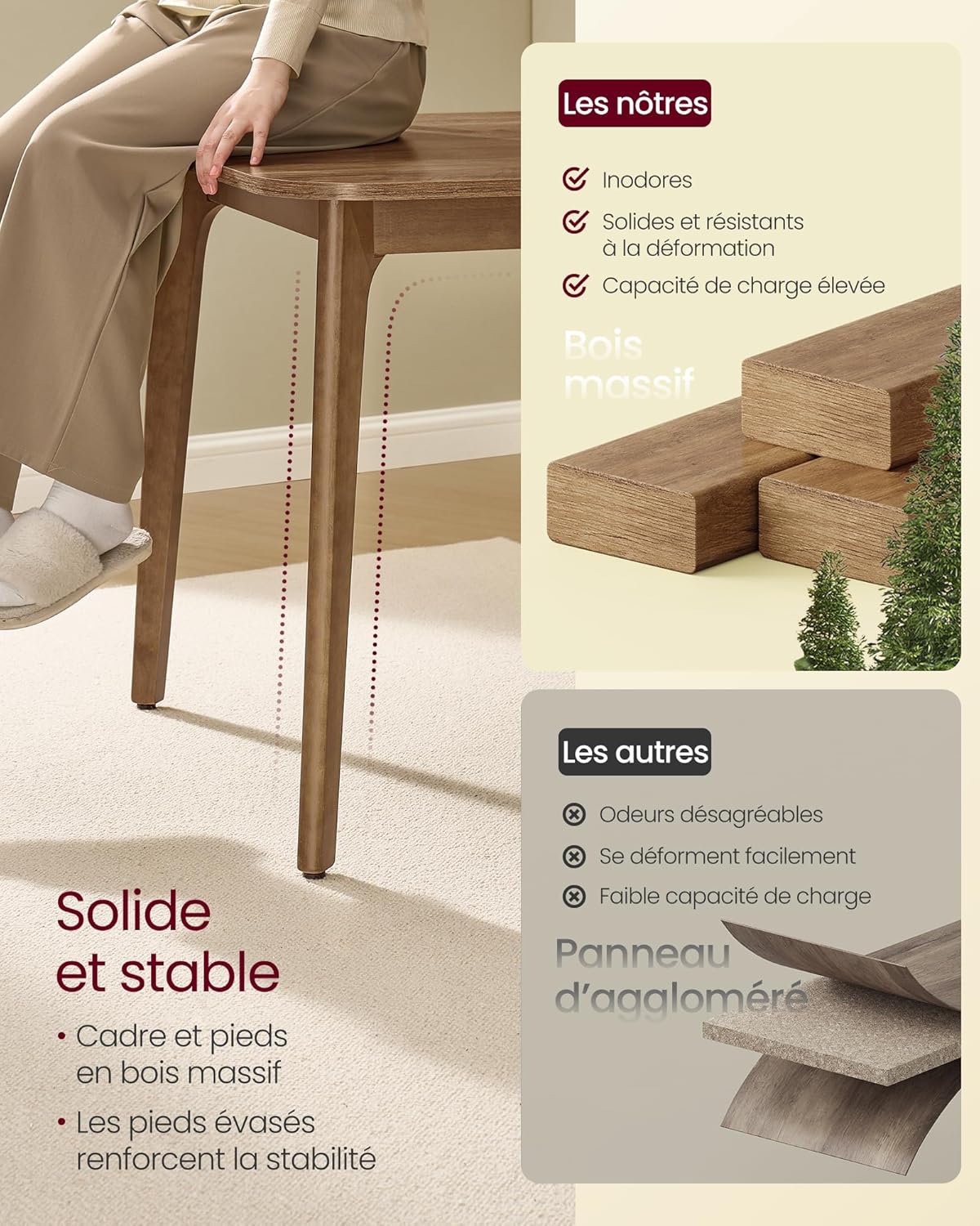 Table salle à manger plateau extensible charge 120 kg marron miel