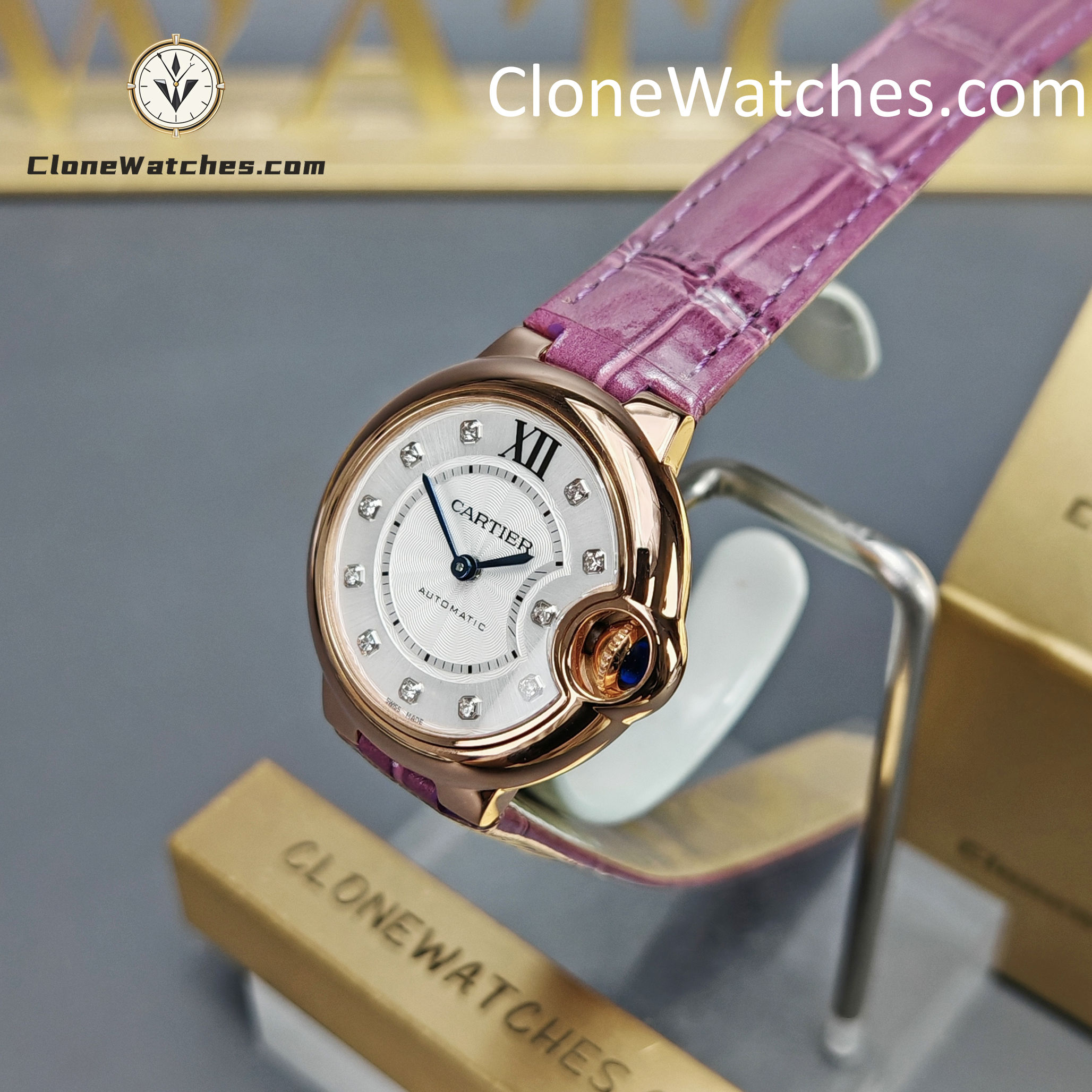 Cartier Super Clone Watches 1:1 Ballon Bleu de WE902040 Silver Dial Diamond Scale 33mm Leather Strap