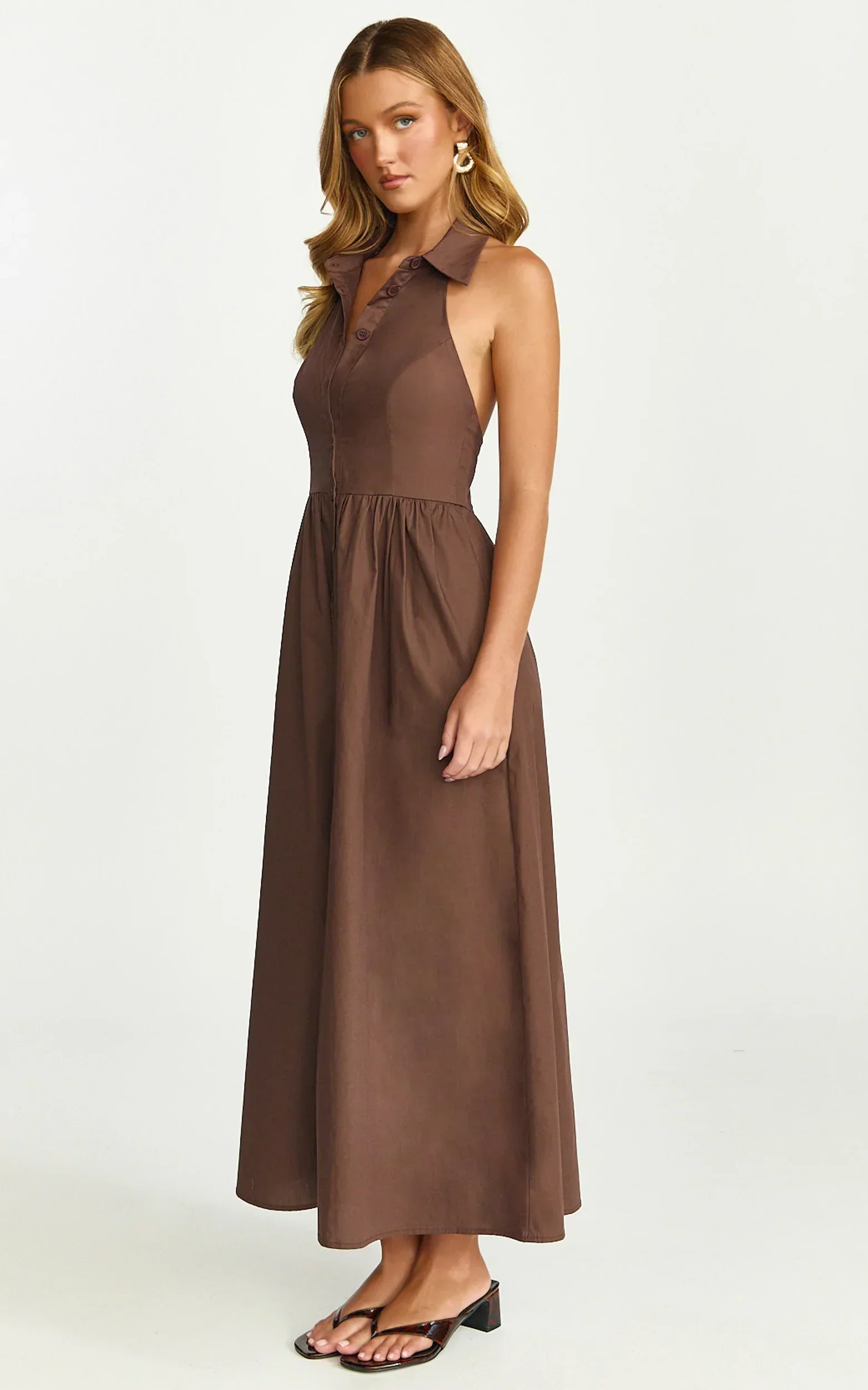 Ruby Midi Dress - Collared Button Down Gathered Waist Skirt Fit And Flare Dress in Dark Chocolate