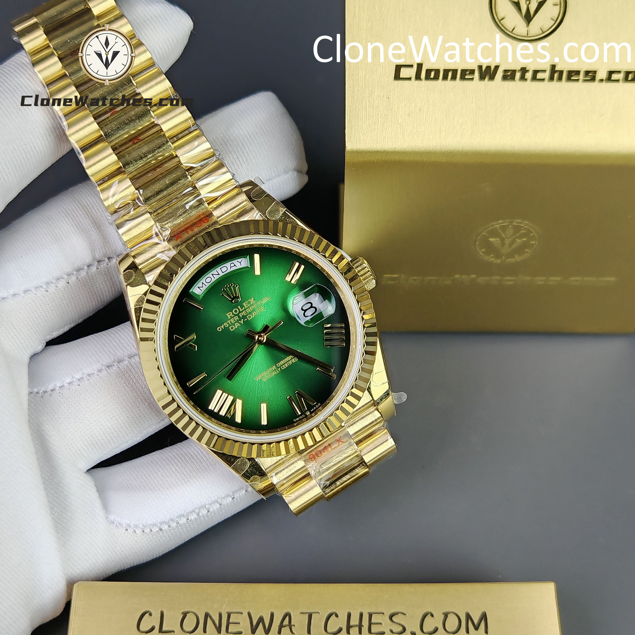Rolex Super Clone Watches 1:1 Day Date 18K Gold Green Dial 40mm m228238-0069 3255 Movement