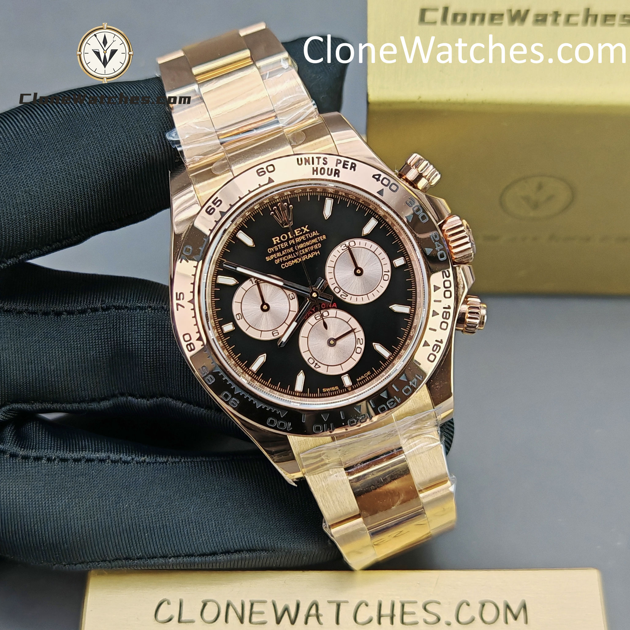 Rolex Super Clone Watches 1:1 Daytona 18K Rose Gold Black Dial m126505-0001 4131 Movement