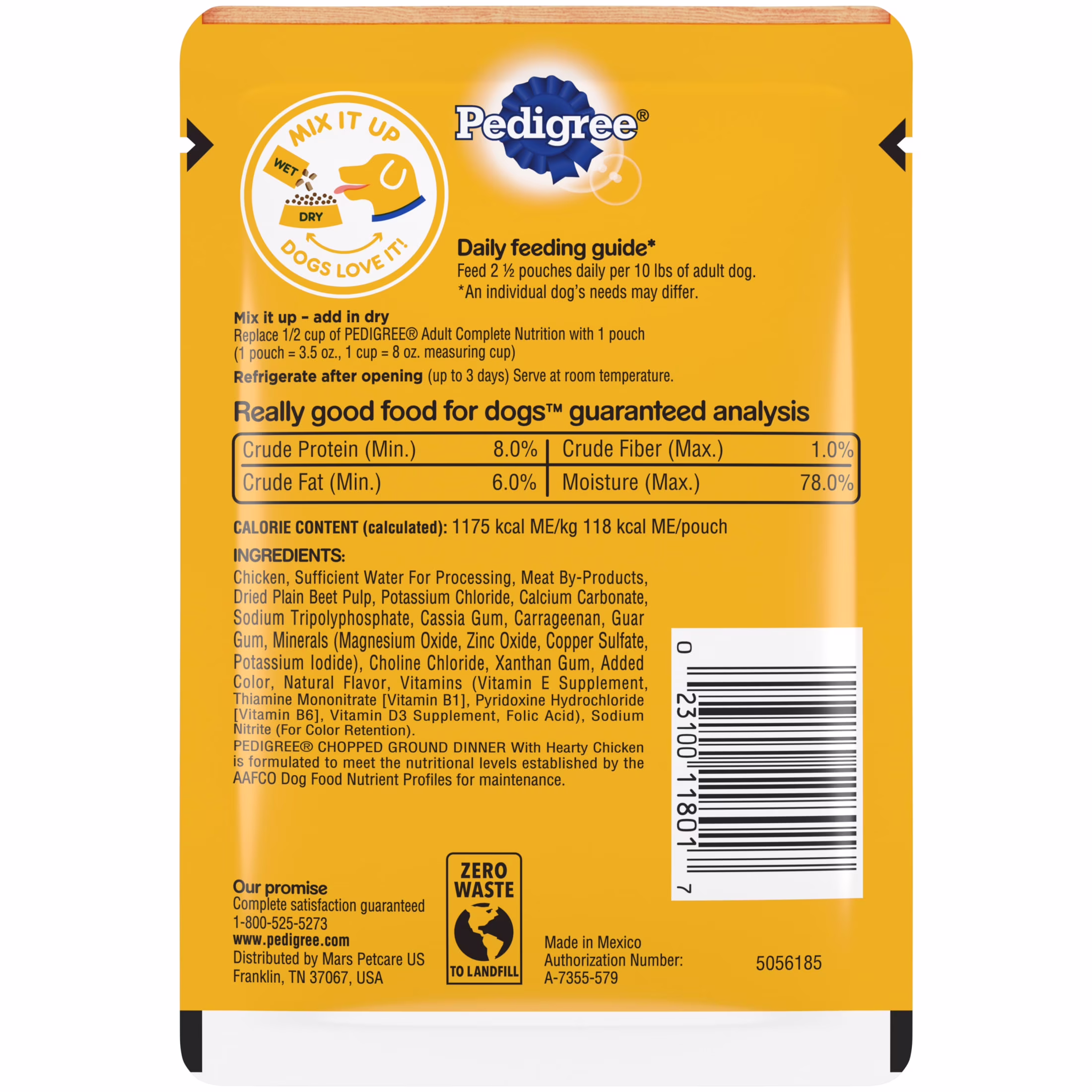 Pedigree Chopped Ground Dinner Wet Dog Food with Hearty Chicken, 3.5 oz Pouch