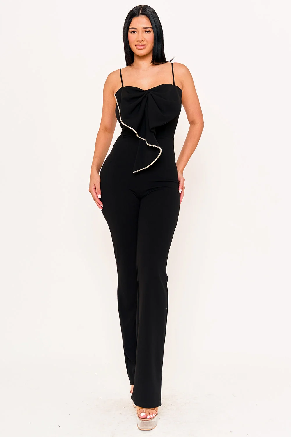 Symphony Jumpsuit - Rhinestone Trim The Edge Of The Bow Jumpsuit