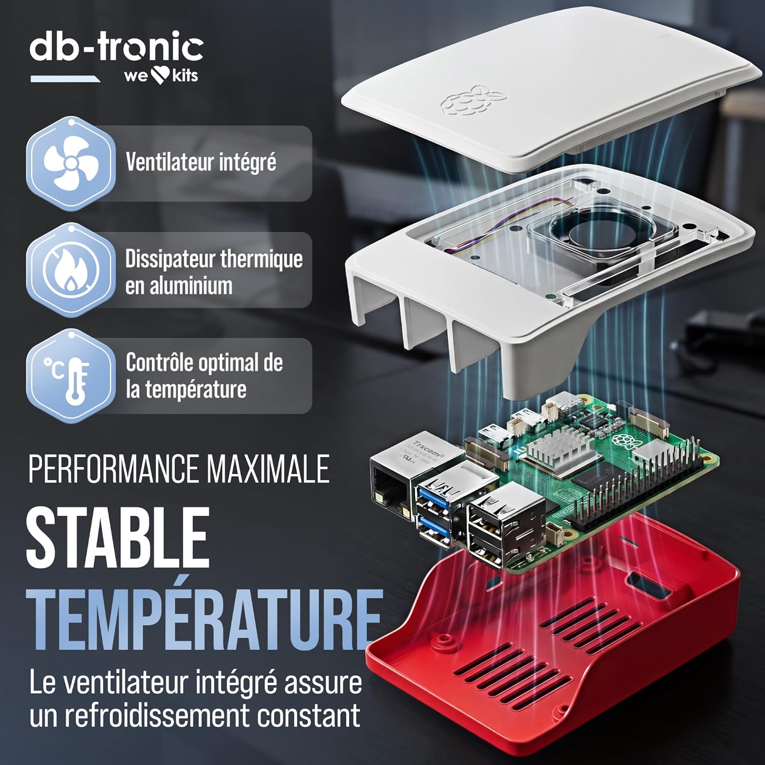 Kit Raspberry Pi 5 8 Go alimentation 27 W boîtier ventilateur HDMI 4K