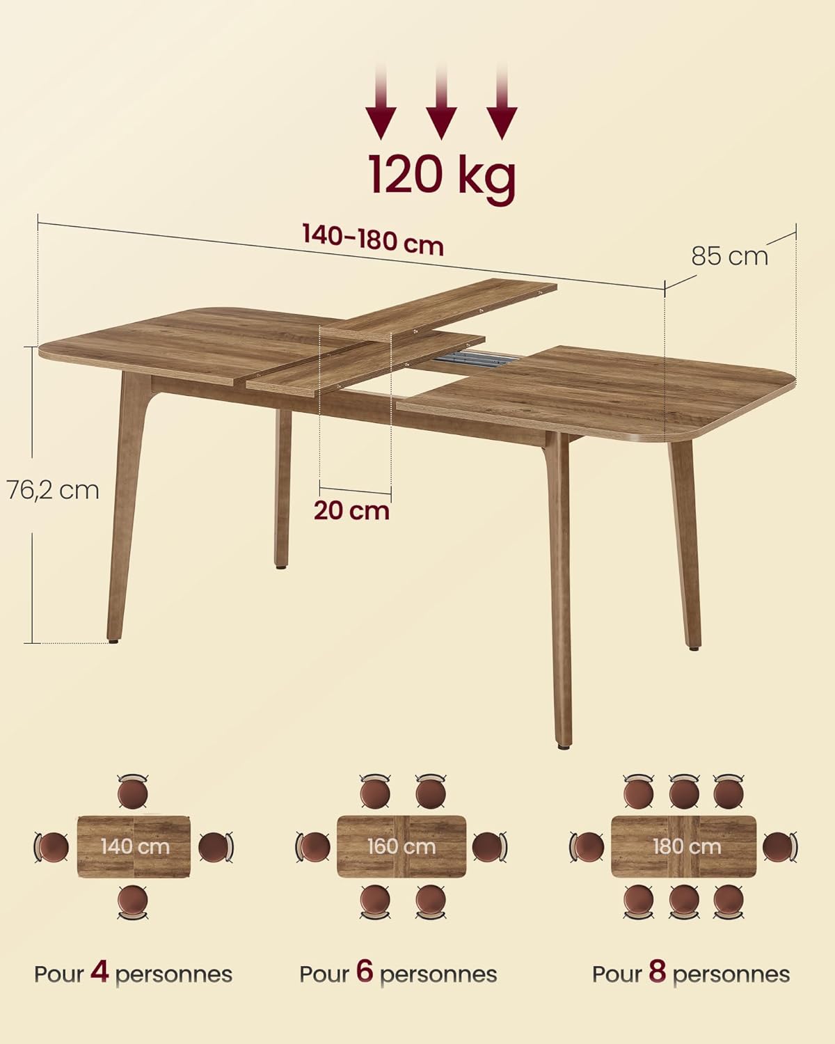 Table salle à manger plateau extensible charge 120 kg marron miel