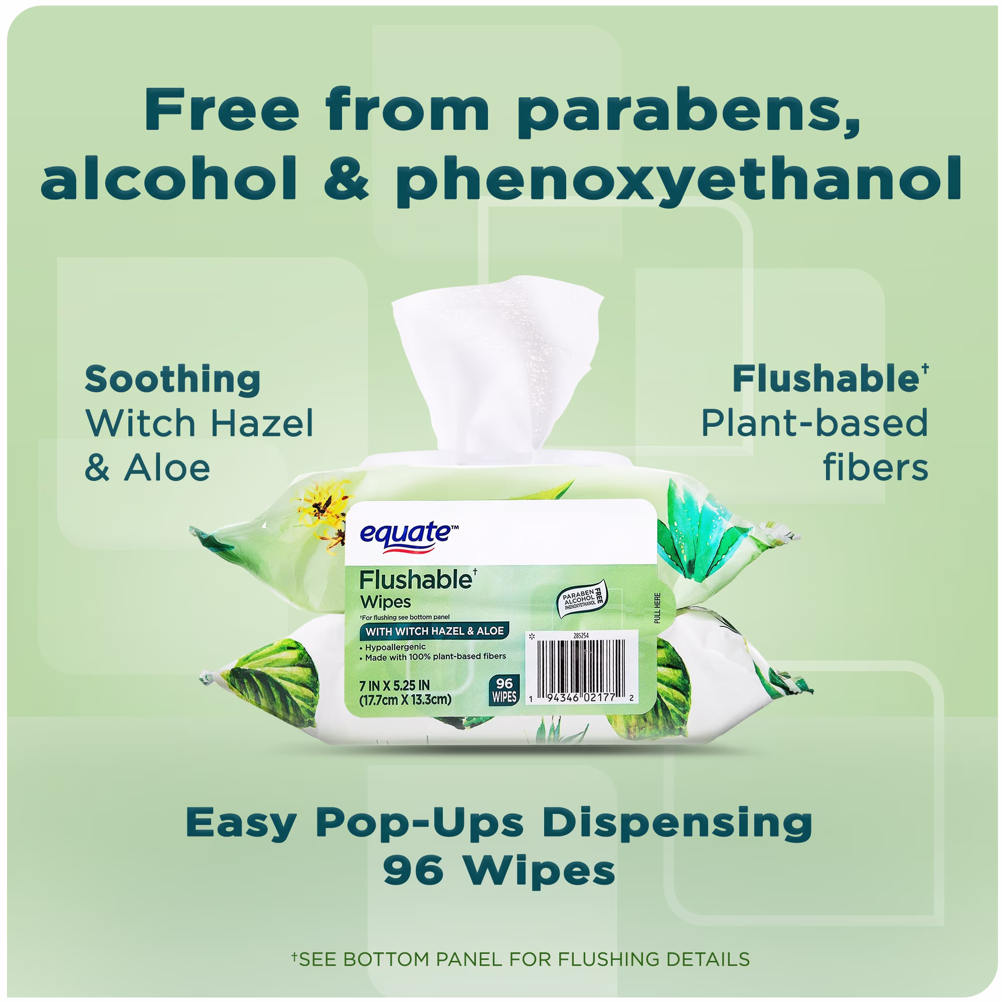 Equate Flushable Wet Wipes, Witch Hazel & Aloe, 96 Wipes, 2 Pack
